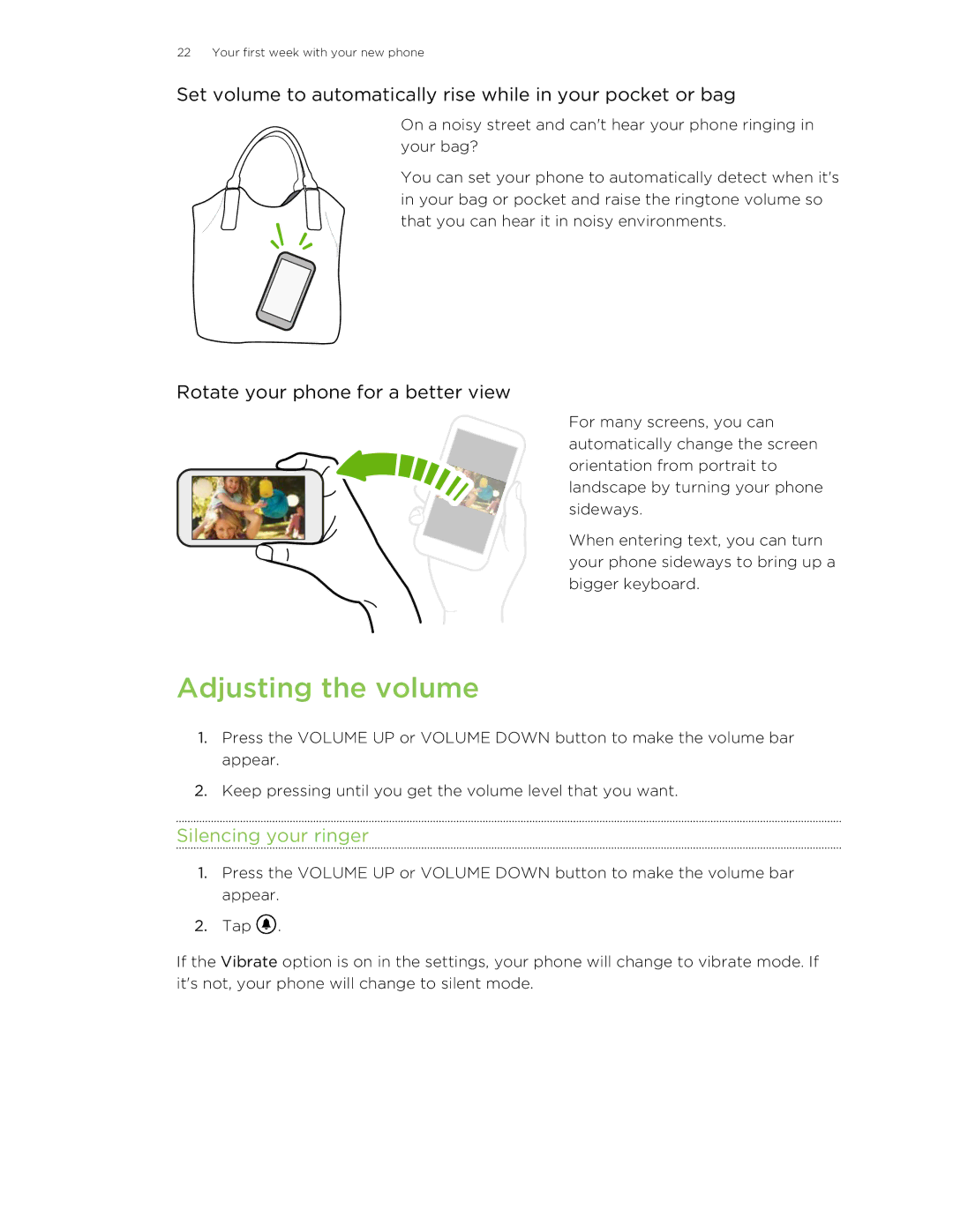 HTC 8S manual Adjusting the volume, Silencing your ringer 