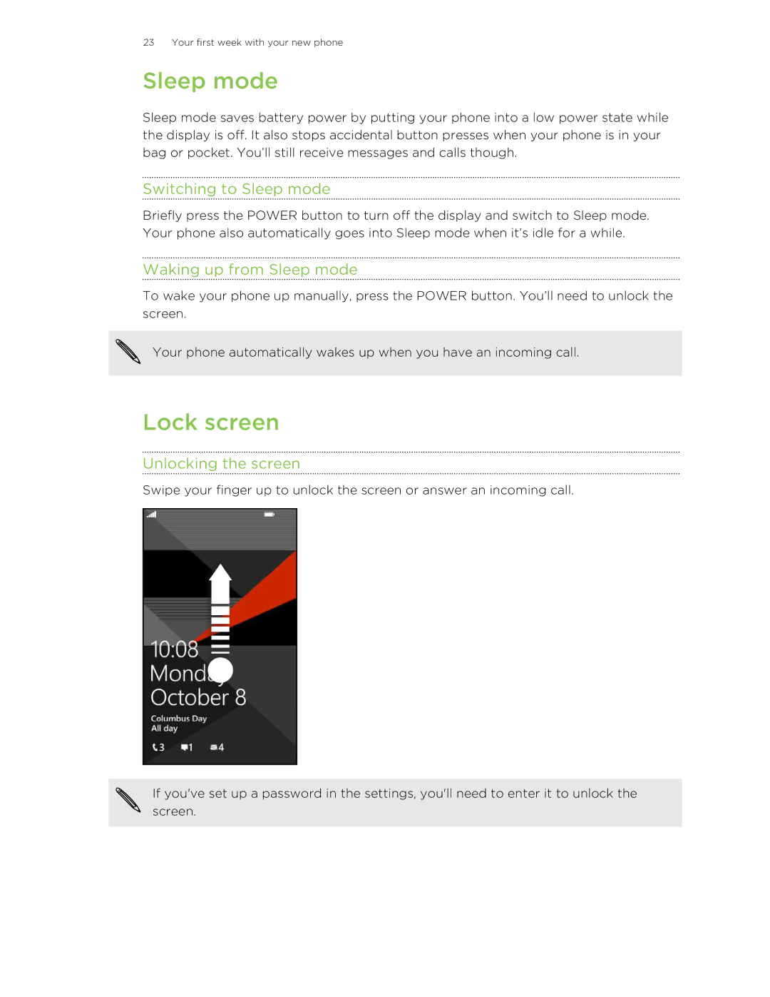 HTC 8S manual Lock screen, Switching to Sleep mode, Waking up from Sleep mode, Unlocking the screen 