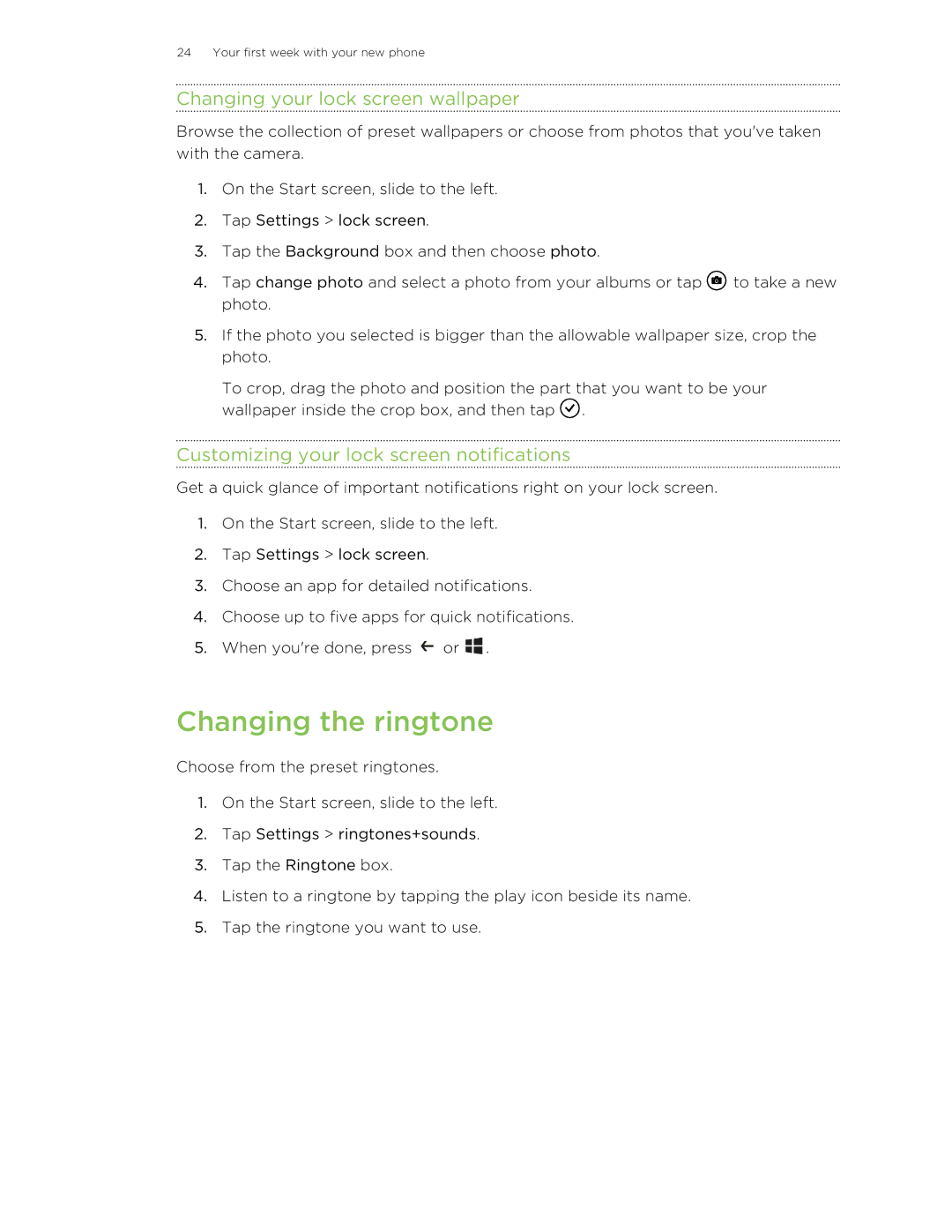 HTC 8S manual Changing the ringtone, Changing your lock screen wallpaper, Customizing your lock screen notifications 