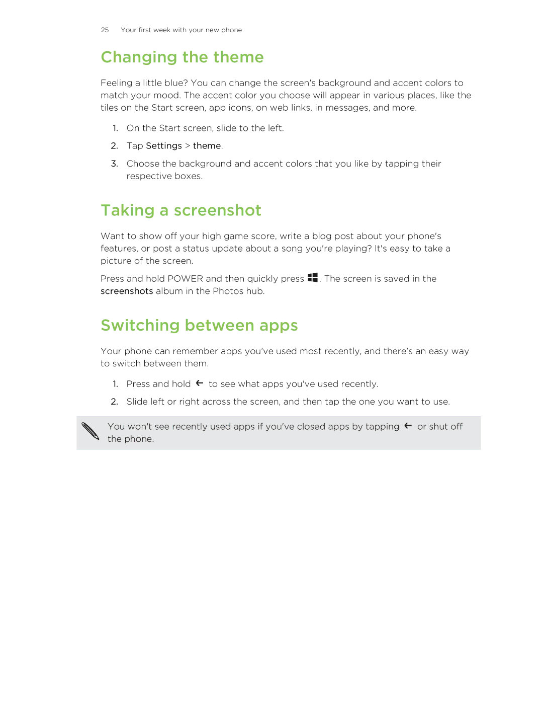 HTC 8S manual Changing the theme, Taking a screenshot, Switching between apps 