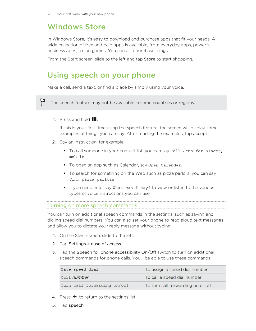 HTC 8S manual Windows Store, Using speech on your phone, Turning on more speech commands 
