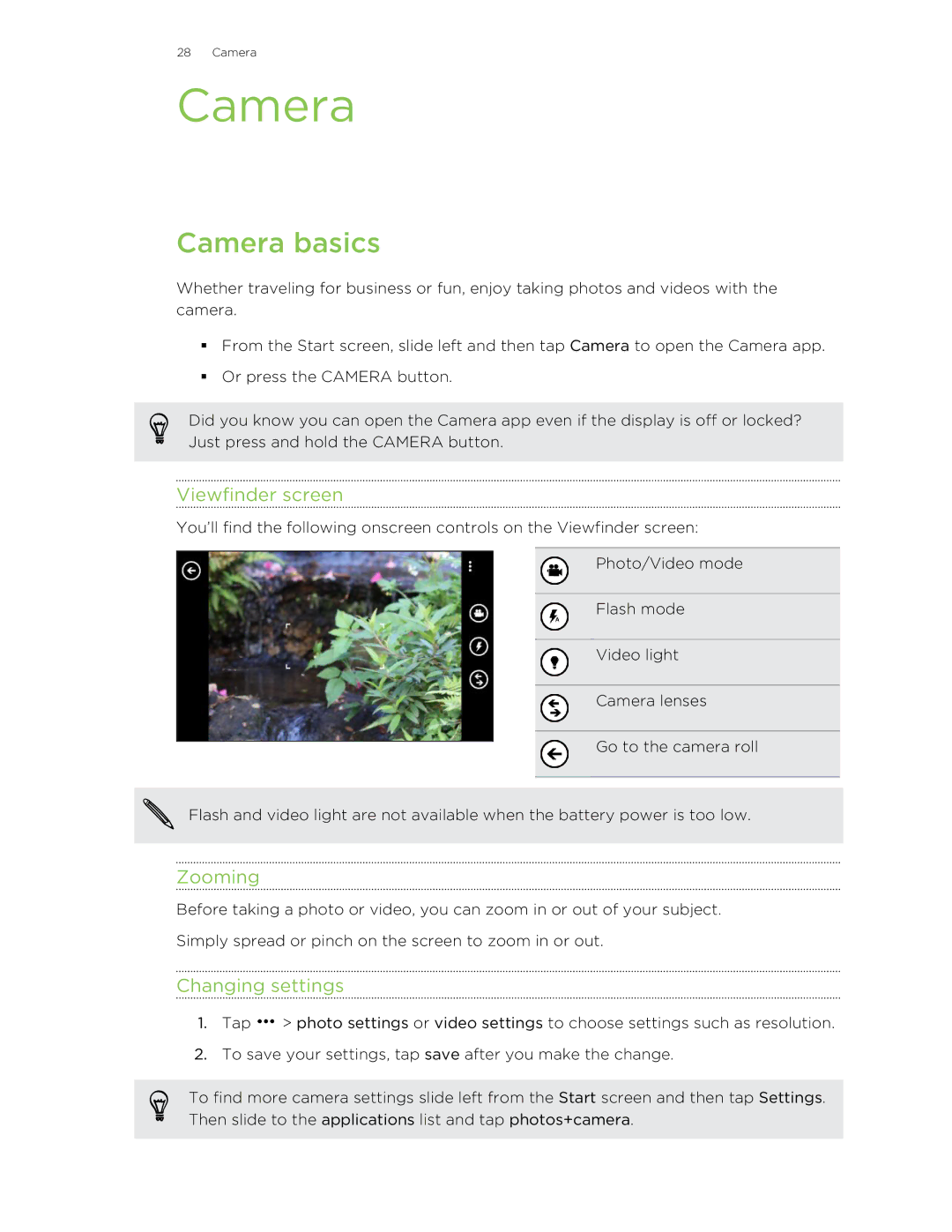 HTC 8S manual Camera basics, Viewfinder screen, Zooming, Changing settings 