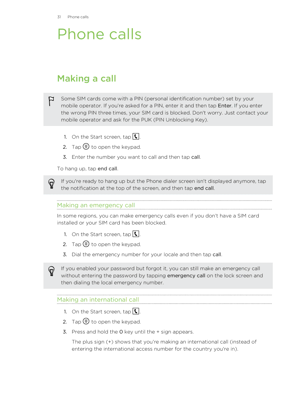 HTC 8S manual Phone calls, Making a call, Making an emergency call, Making an international call 