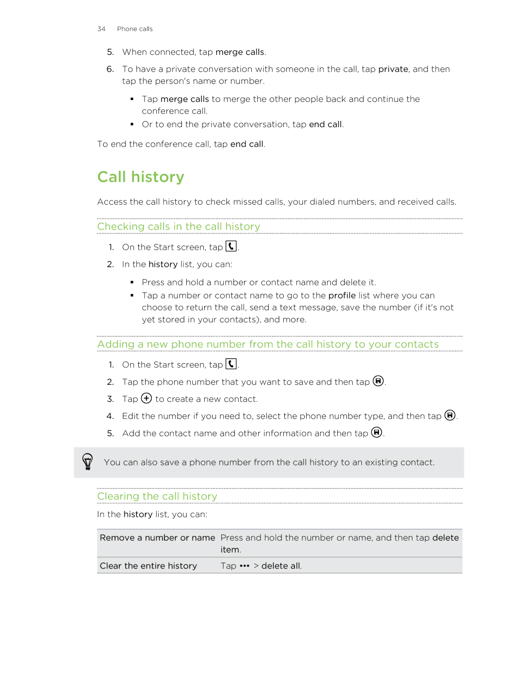 HTC 8S manual Call history, Checking calls in the call history, Clearing the call history 