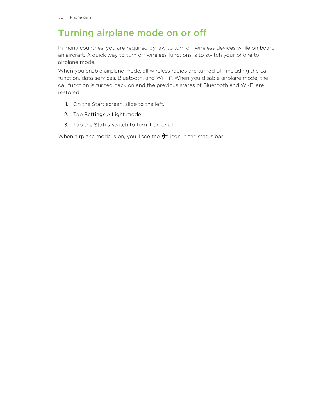 HTC 8S manual Turning airplane mode on or off 