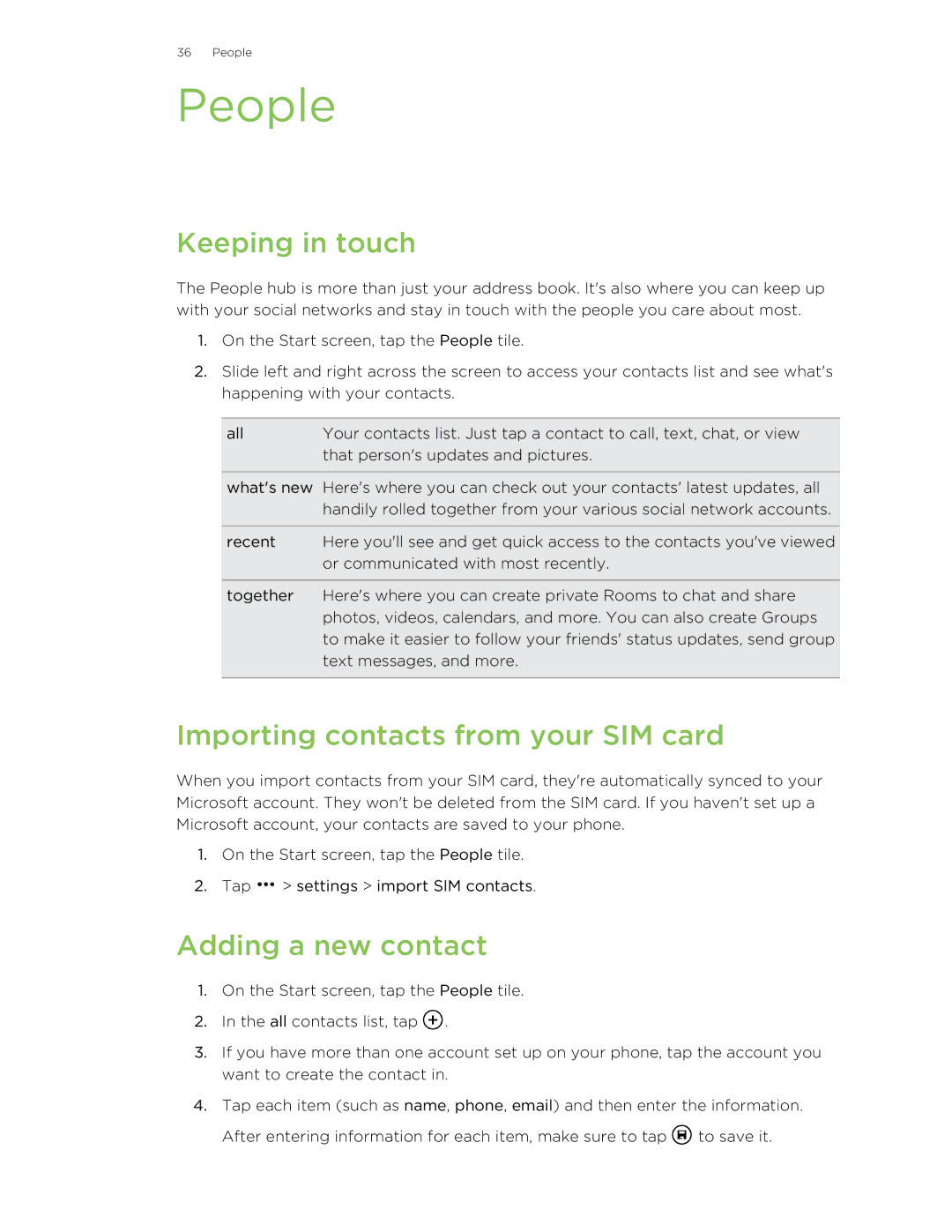 HTC 8S manual People, Keeping in touch, Importing contacts from your SIM card, Adding a new contact 