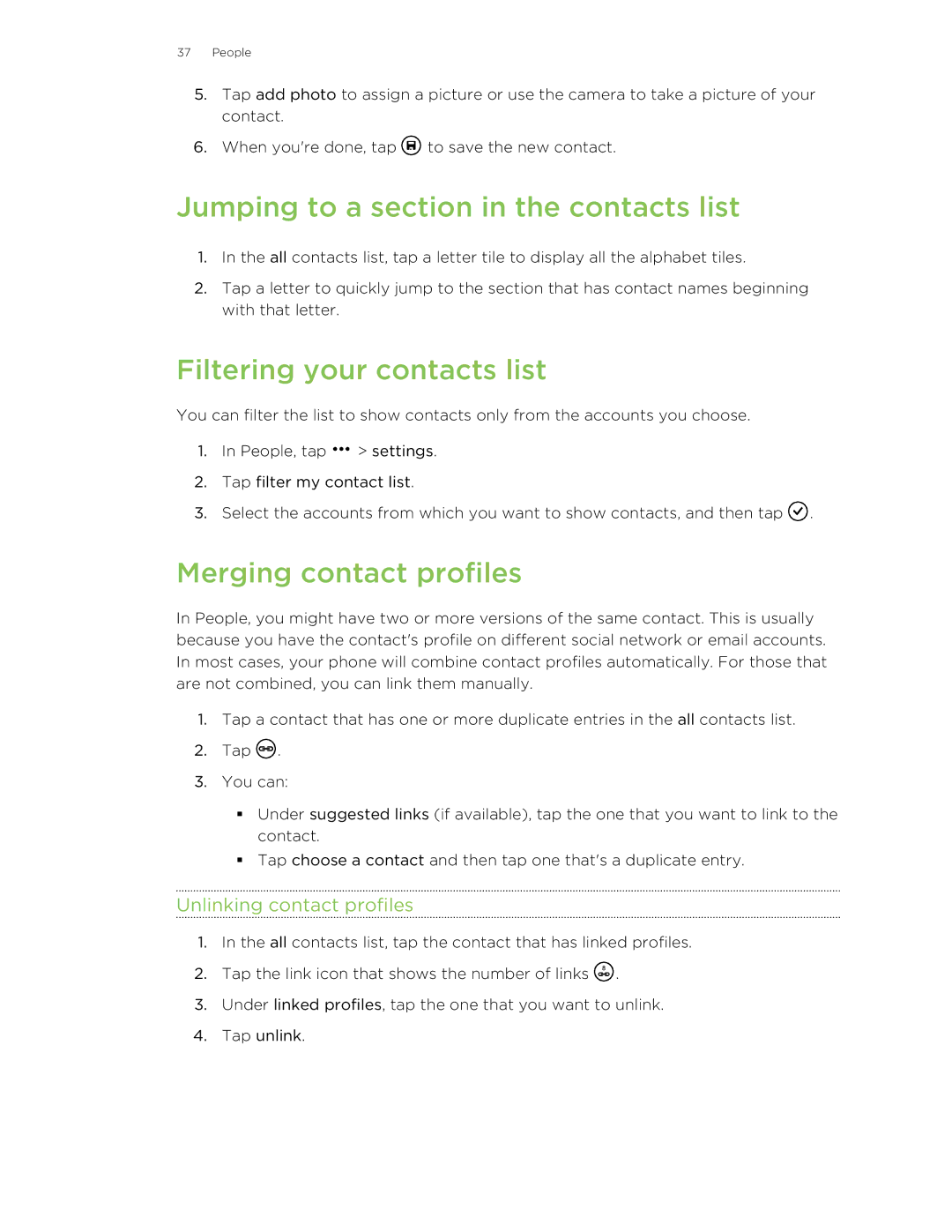 HTC 8S manual Jumping to a section in the contacts list, Filtering your contacts list, Merging contact profiles 