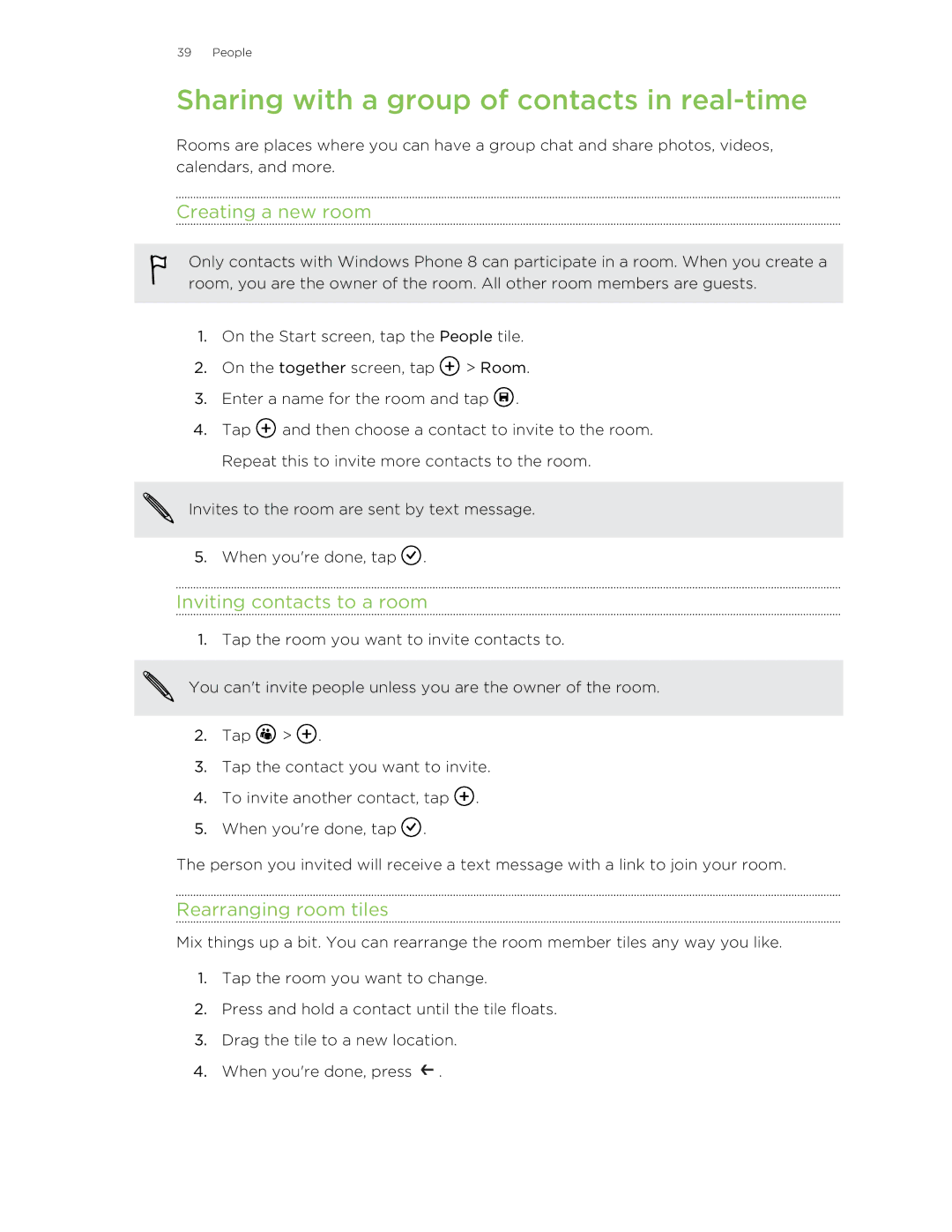 HTC 8S manual Sharing with a group of contacts in real-time, Creating a new room, Inviting contacts to a room 