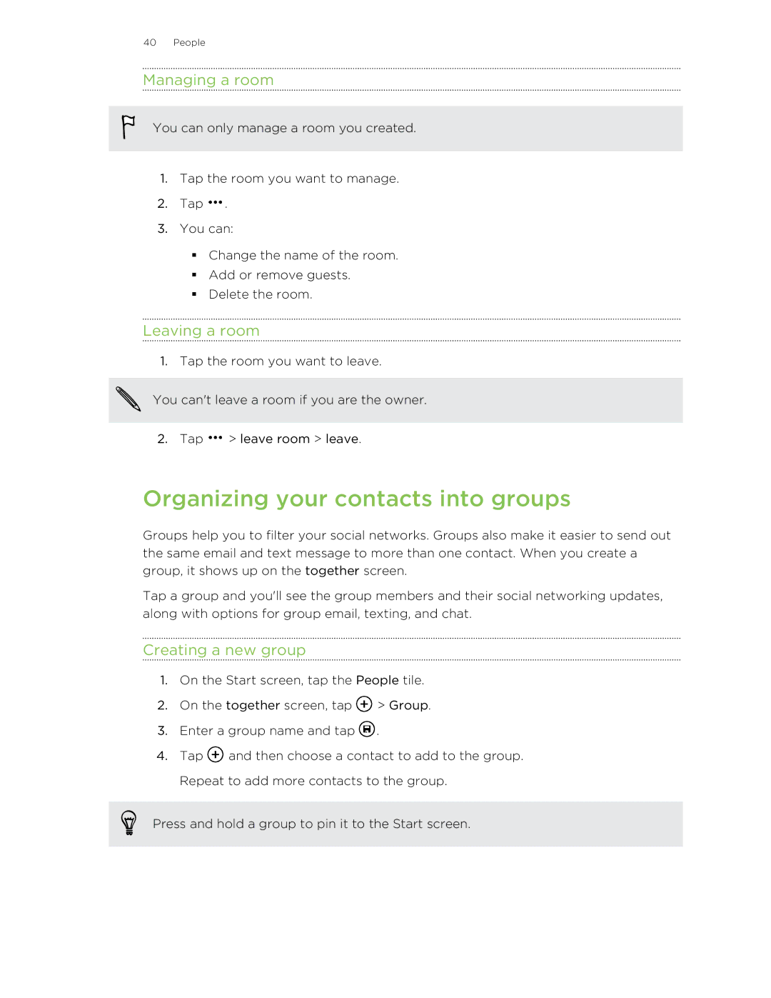 HTC 8S manual Organizing your contacts into groups, Managing a room, Leaving a room, Creating a new group 