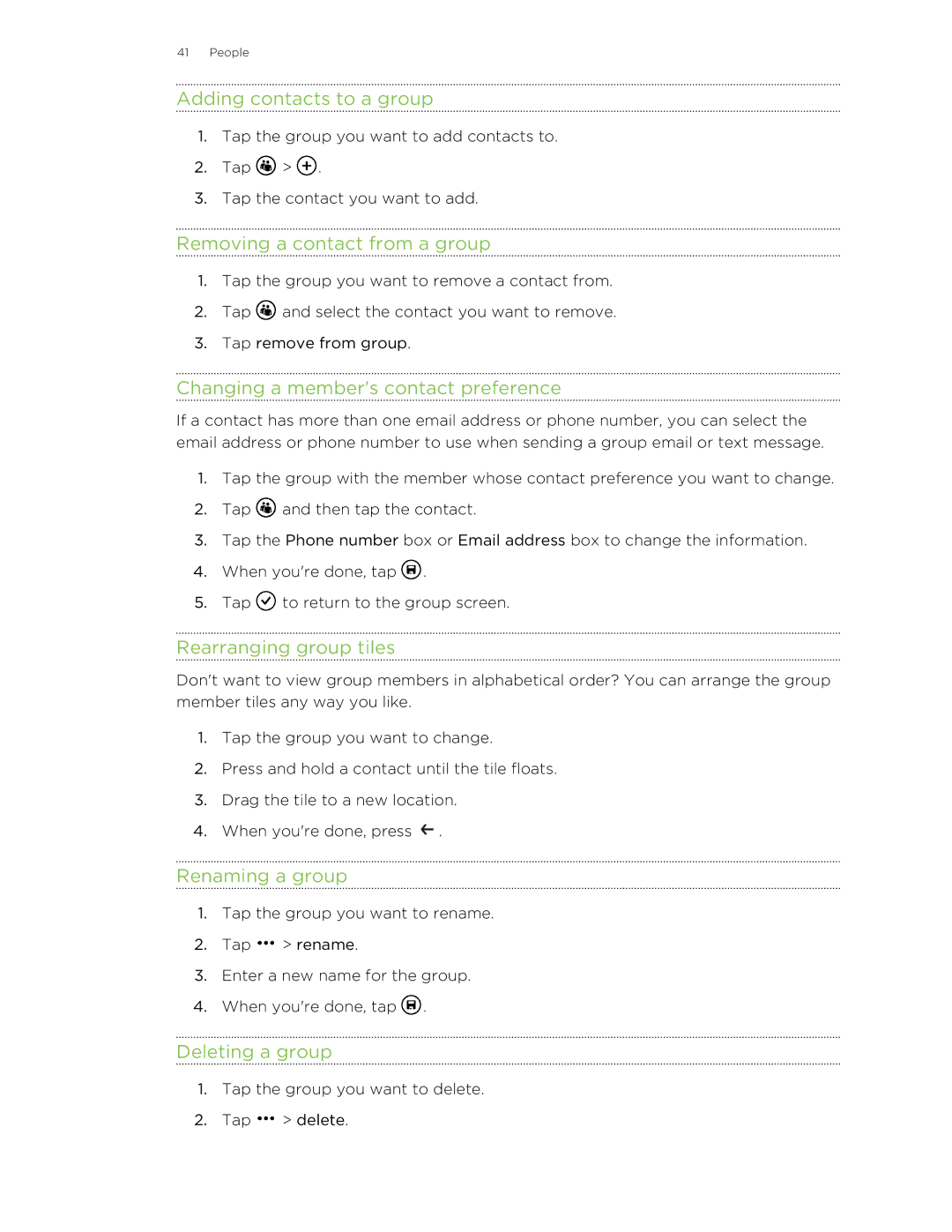 HTC 8S manual Adding contacts to a group, Removing a contact from a group, Changing a members contact preference 