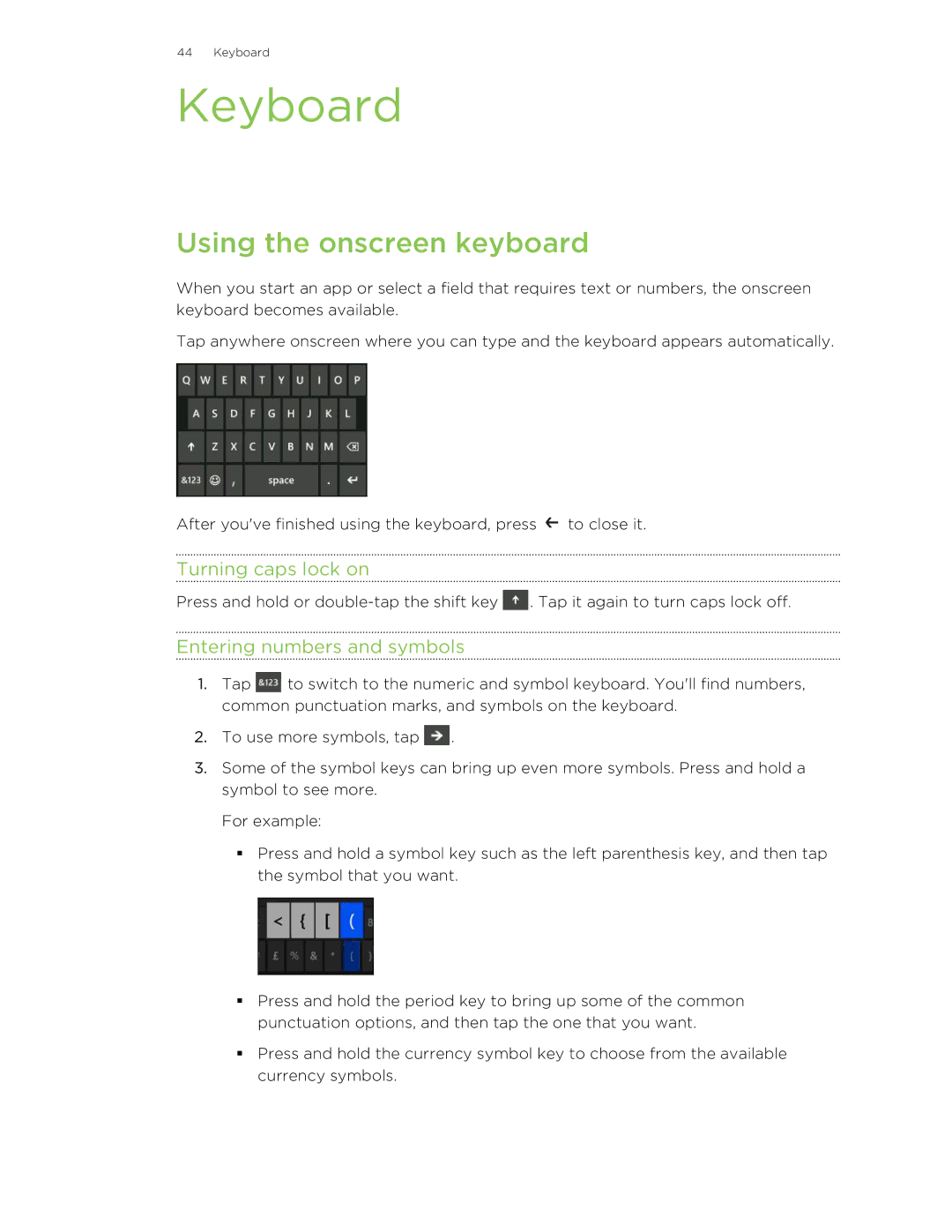 HTC 8S manual Keyboard, Using the onscreen keyboard, Turning caps lock on, Entering numbers and symbols 