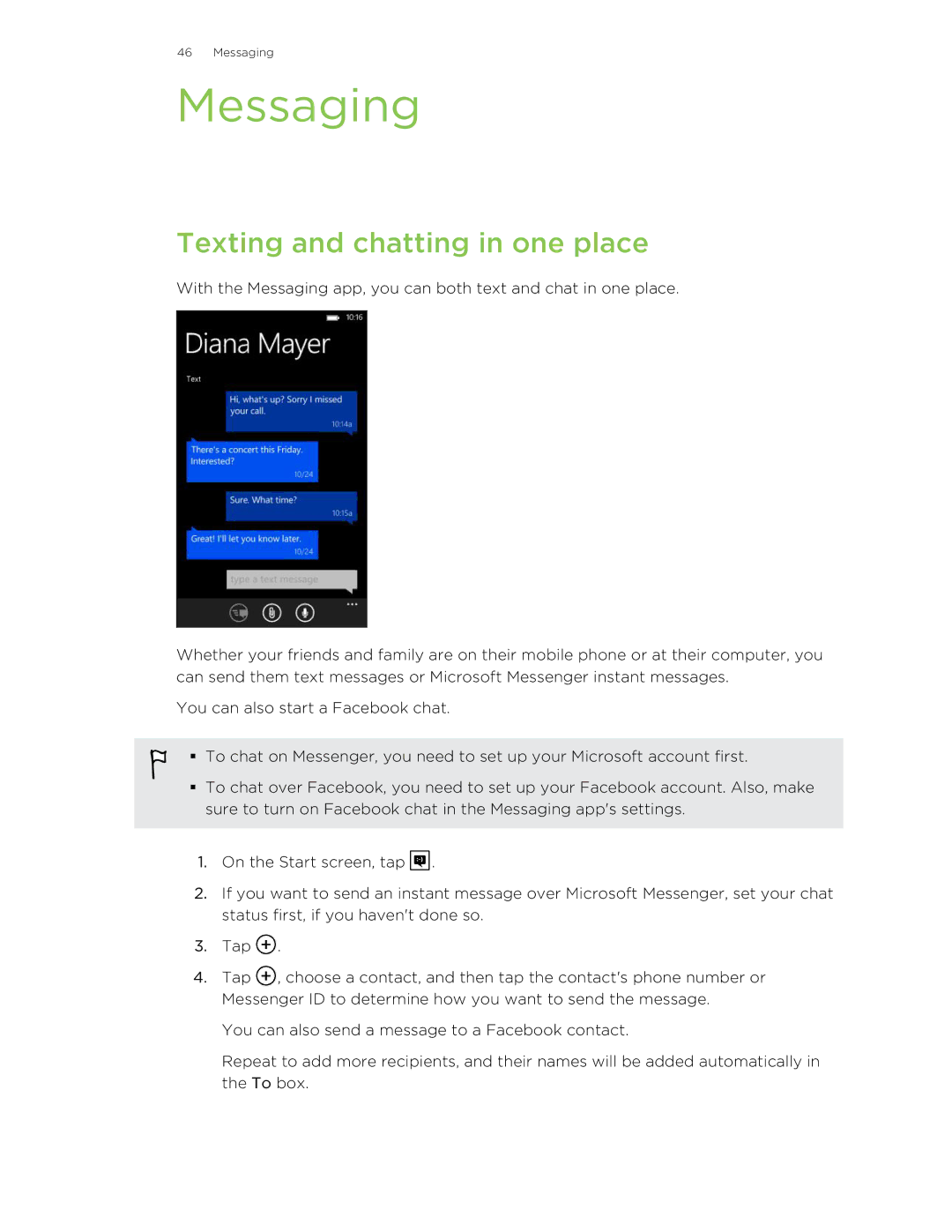 HTC 8S manual Messaging, Texting and chatting in one place 