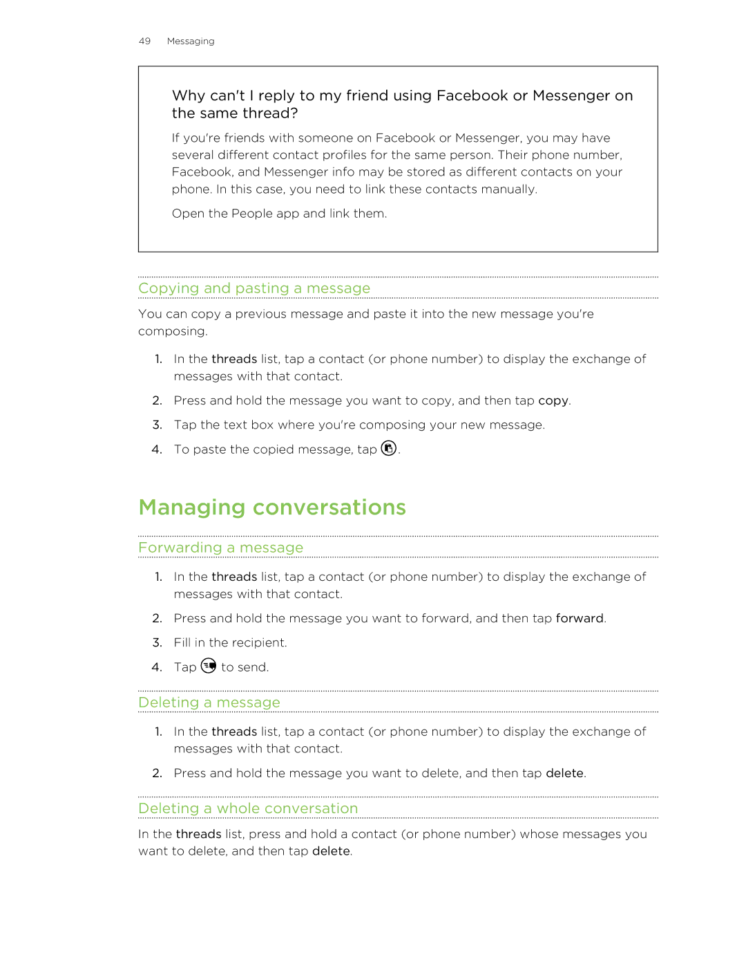 HTC 8S manual Managing conversations, Copying and pasting a message, Forwarding a message, Deleting a message 