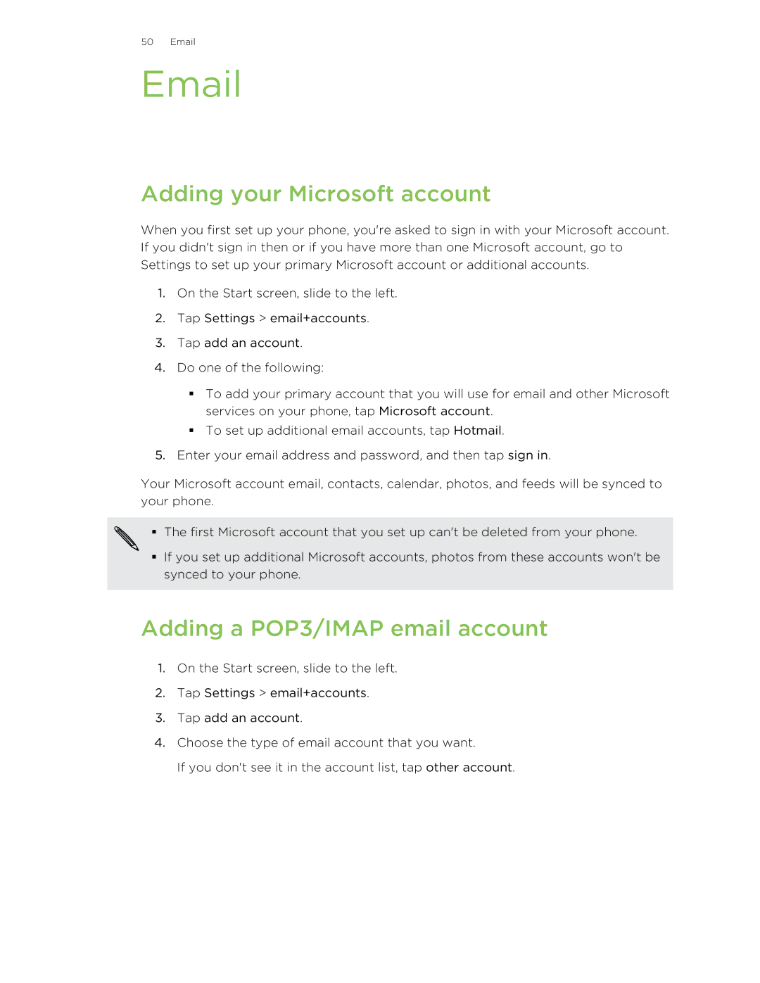 HTC 8S manual Adding your Microsoft account, Adding a POP3/IMAP email account 