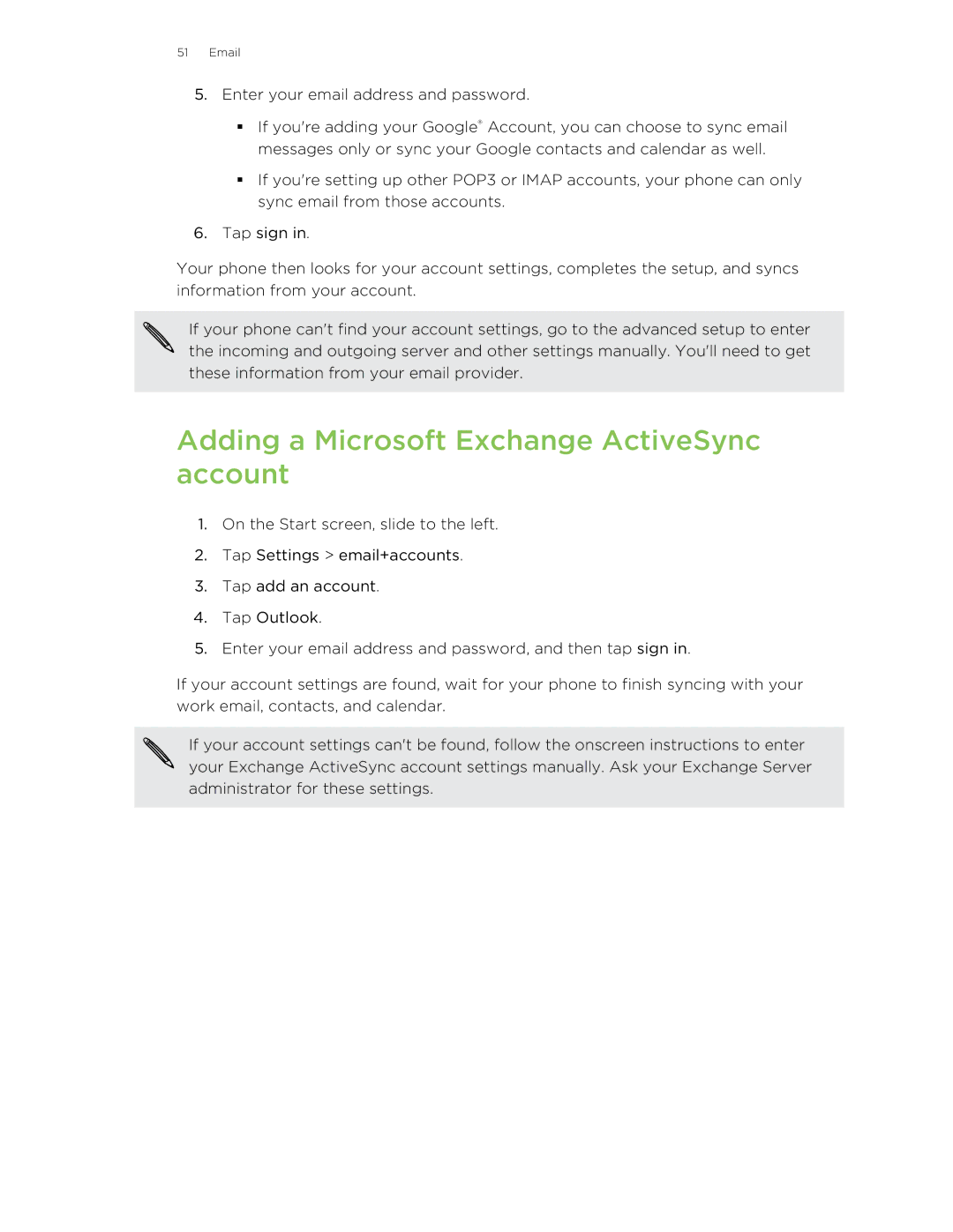 HTC 8S manual Adding a Microsoft Exchange ActiveSync account 