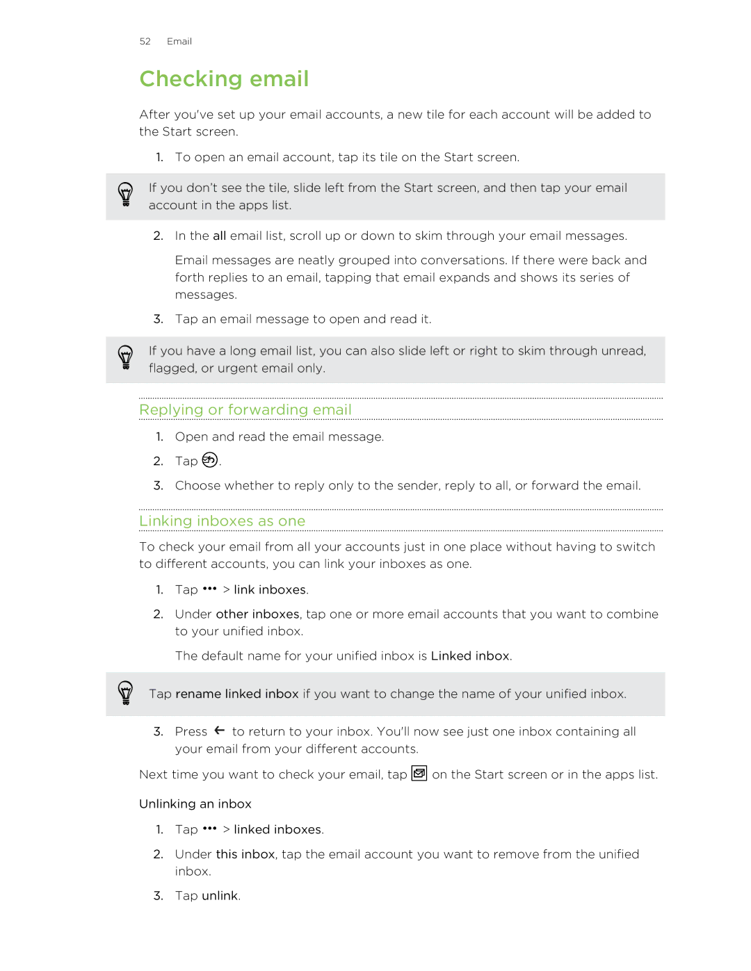 HTC 8S manual Checking email, Replying or forwarding email, Linking inboxes as one 