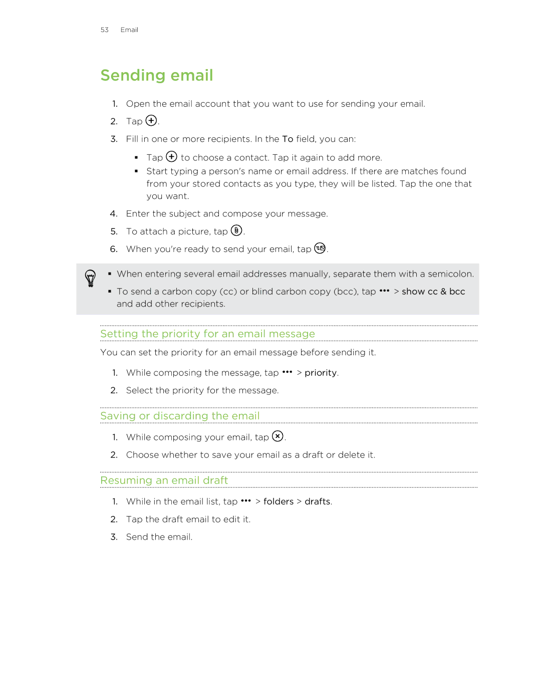 HTC 8S Sending email, Setting the priority for an email message, Saving or discarding the email, Resuming an email draft 