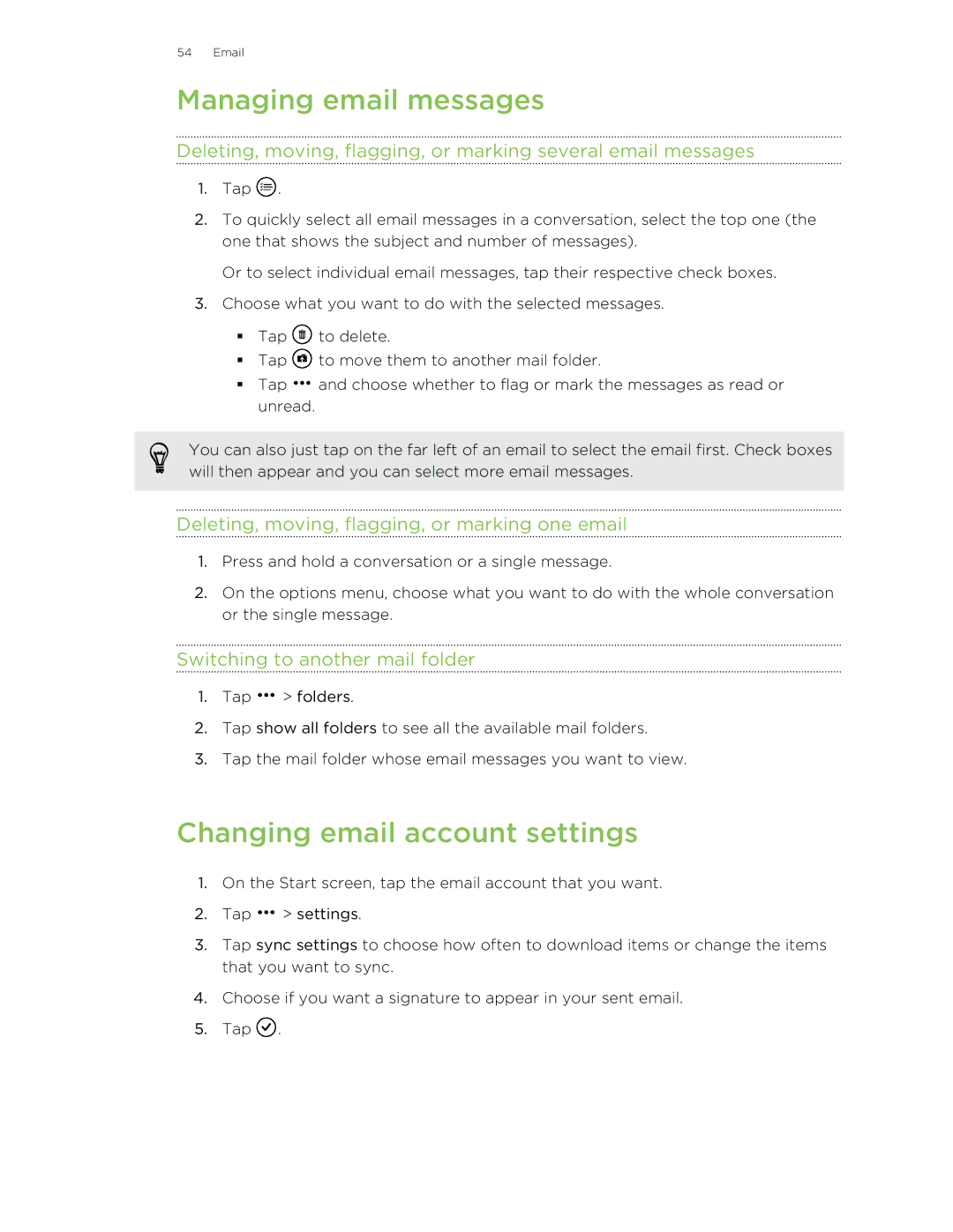 HTC 8S manual Managing email messages, Changing email account settings, Deleting, moving, flagging, or marking one email 