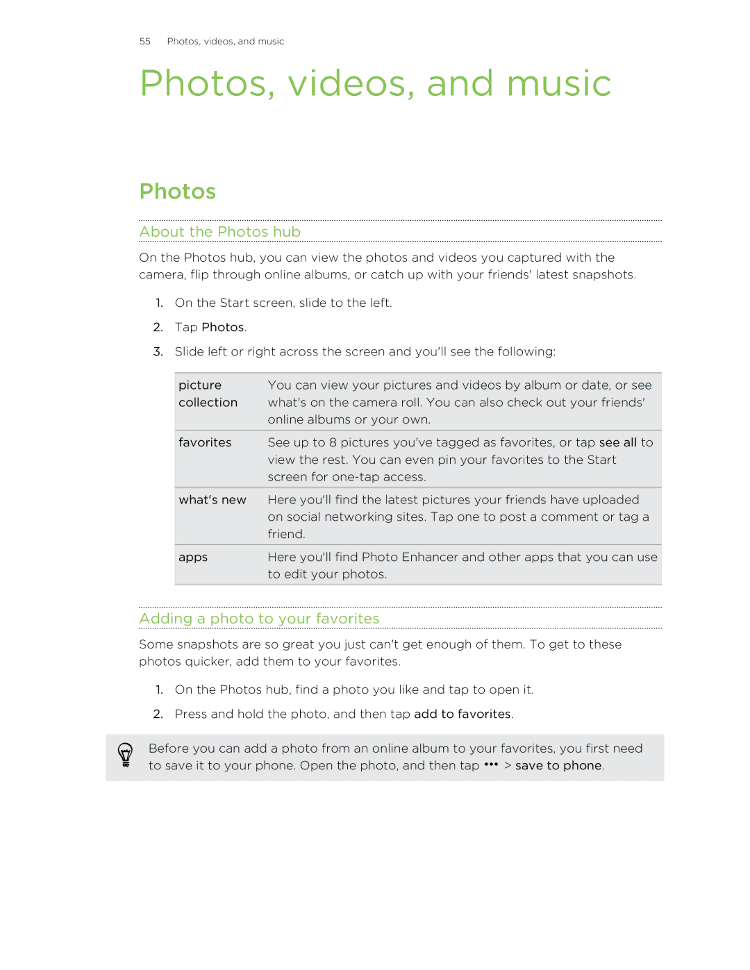 HTC 8S manual Photos, videos, and music, About the Photos hub, Adding a photo to your favorites 