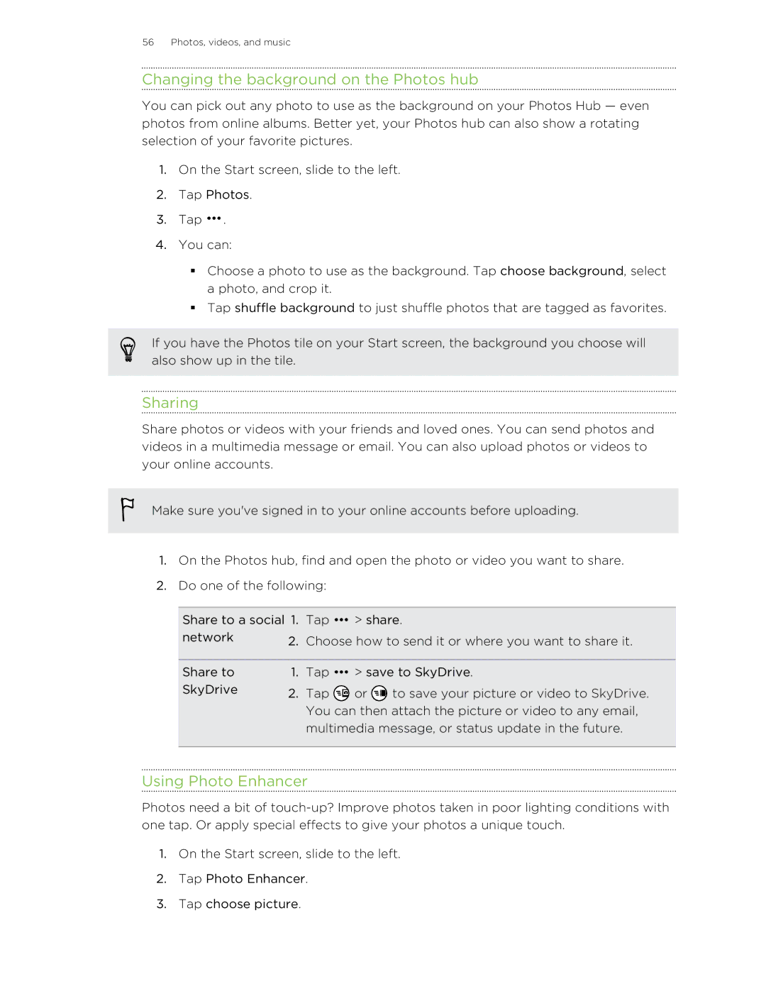 HTC 8S manual Changing the background on the Photos hub, Sharing, Using Photo Enhancer 