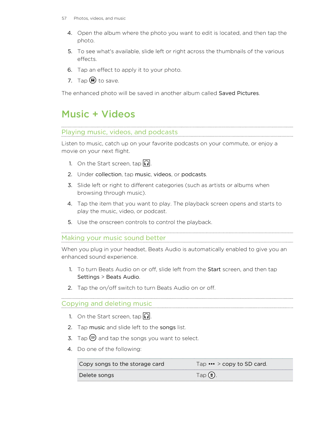 HTC 8S Music + Videos, Playing music, videos, and podcasts, Making your music sound better, Copying and deleting music 