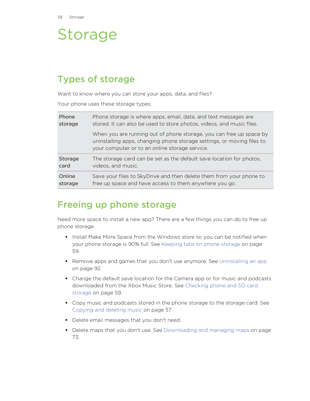 HTC 8S manual Storage, Types of storage, Freeing up phone storage 