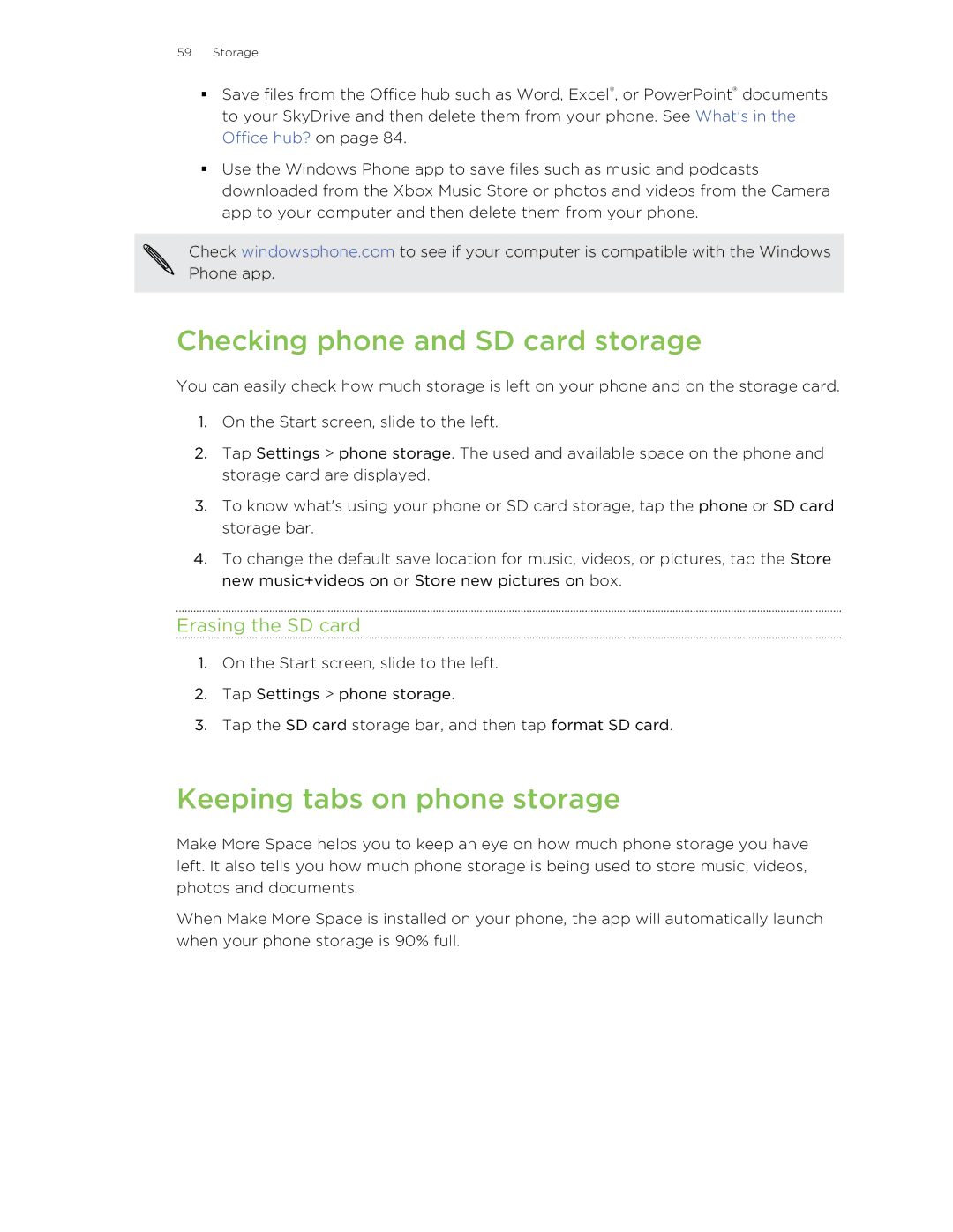 HTC 8S manual Checking phone and SD card storage, Keeping tabs on phone storage, Erasing the SD card 