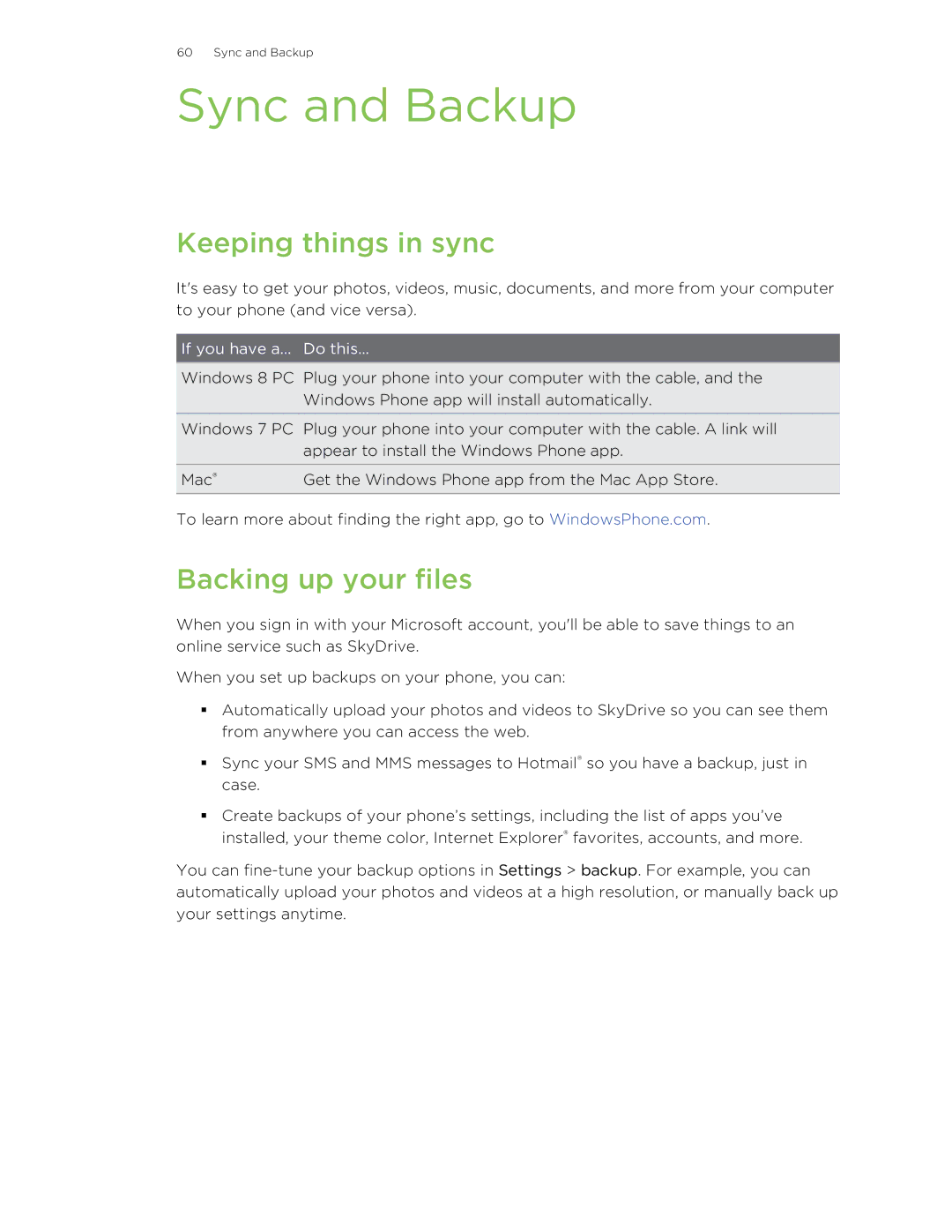 HTC 8S manual Sync and Backup, Keeping things in sync, Backing up your files 