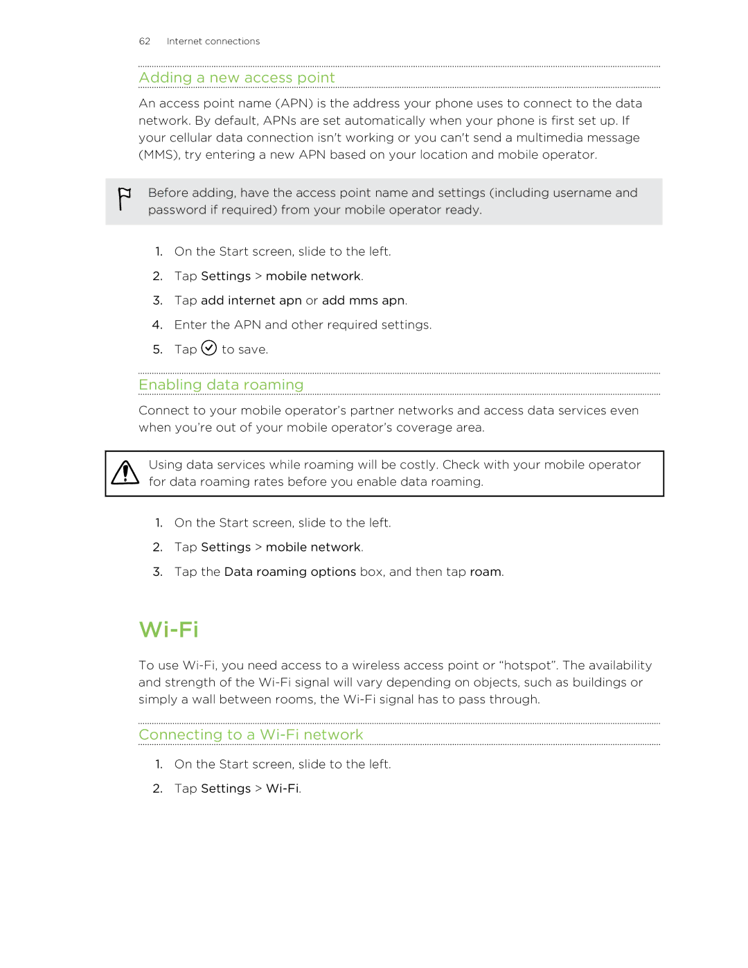 HTC 8S manual Adding a new access point, Enabling data roaming, Connecting to a Wi-Fi network 