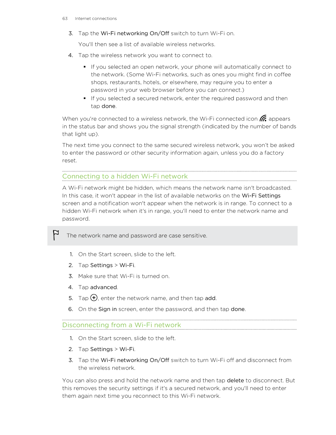 HTC 8S manual Connecting to a hidden Wi-Fi network, Disconnecting from a Wi-Fi network 