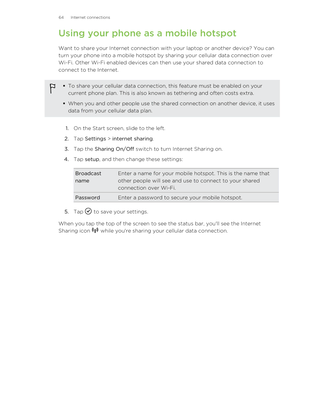 HTC 8S manual Using your phone as a mobile hotspot 