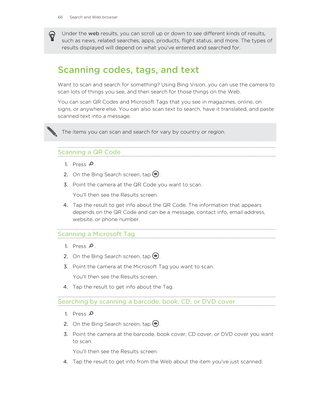 HTC 8S manual Scanning codes, tags, and text, Scanning a QR Code, Scanning a Microsoft Tag 