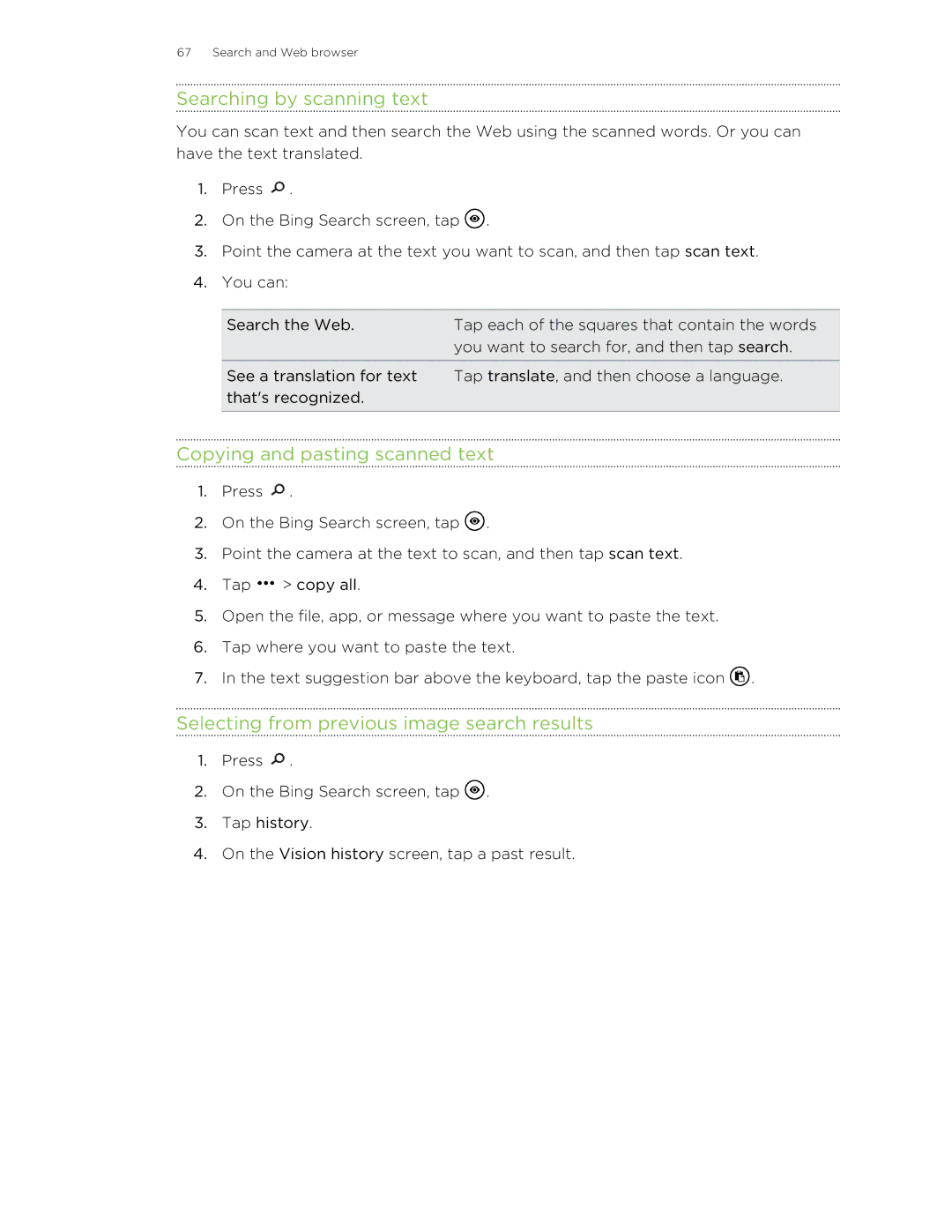 HTC 8S manual Searching by scanning text, Copying and pasting scanned text, Selecting from previous image search results 