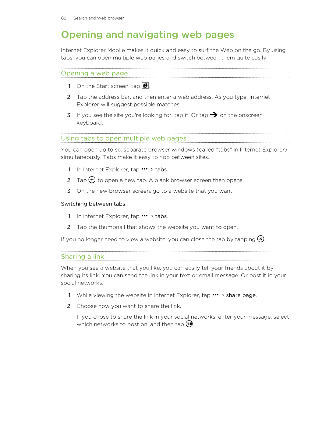 HTC 8S manual Opening and navigating web pages, Opening a web, Using tabs to open multiple web pages, Sharing a link 