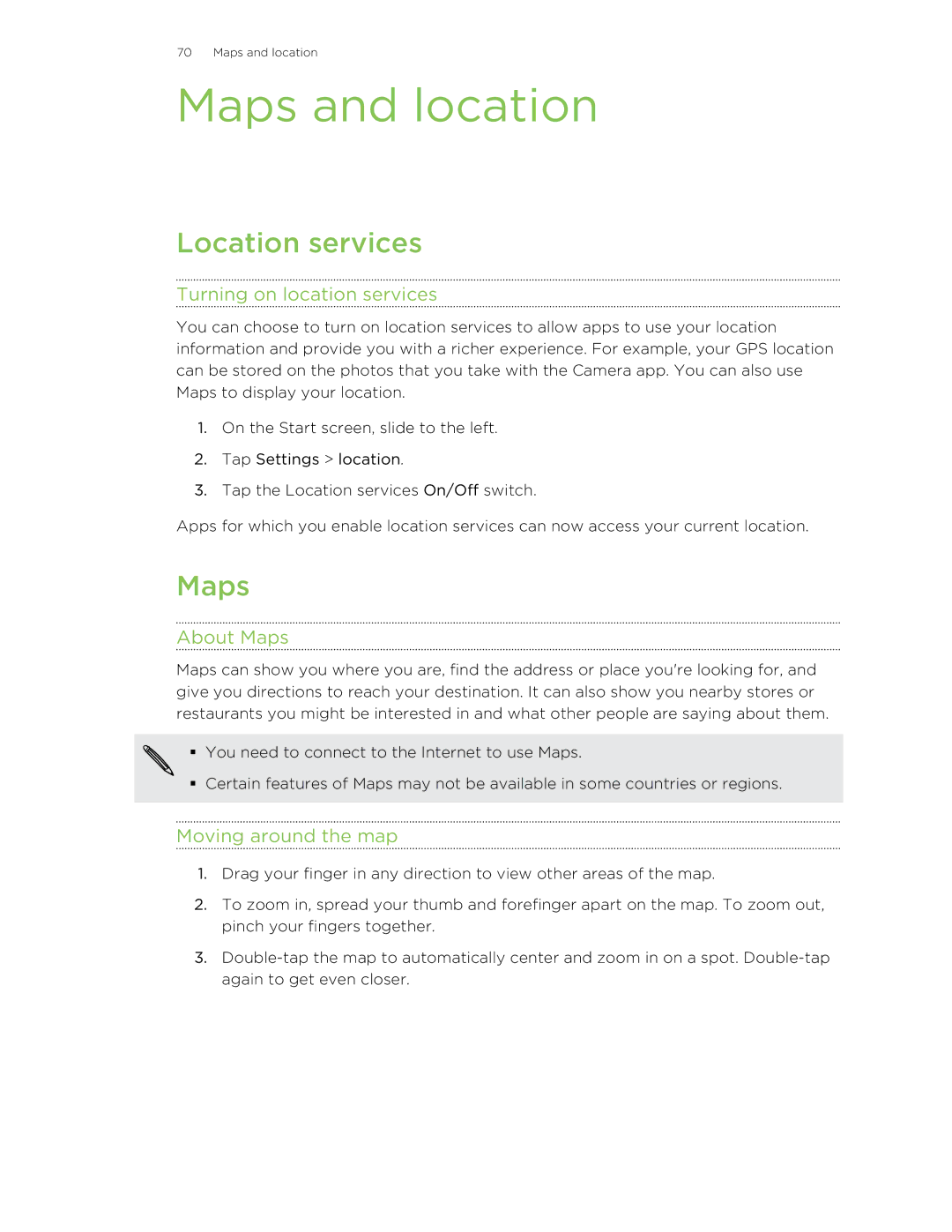 HTC 8S manual Maps and location, Location services 