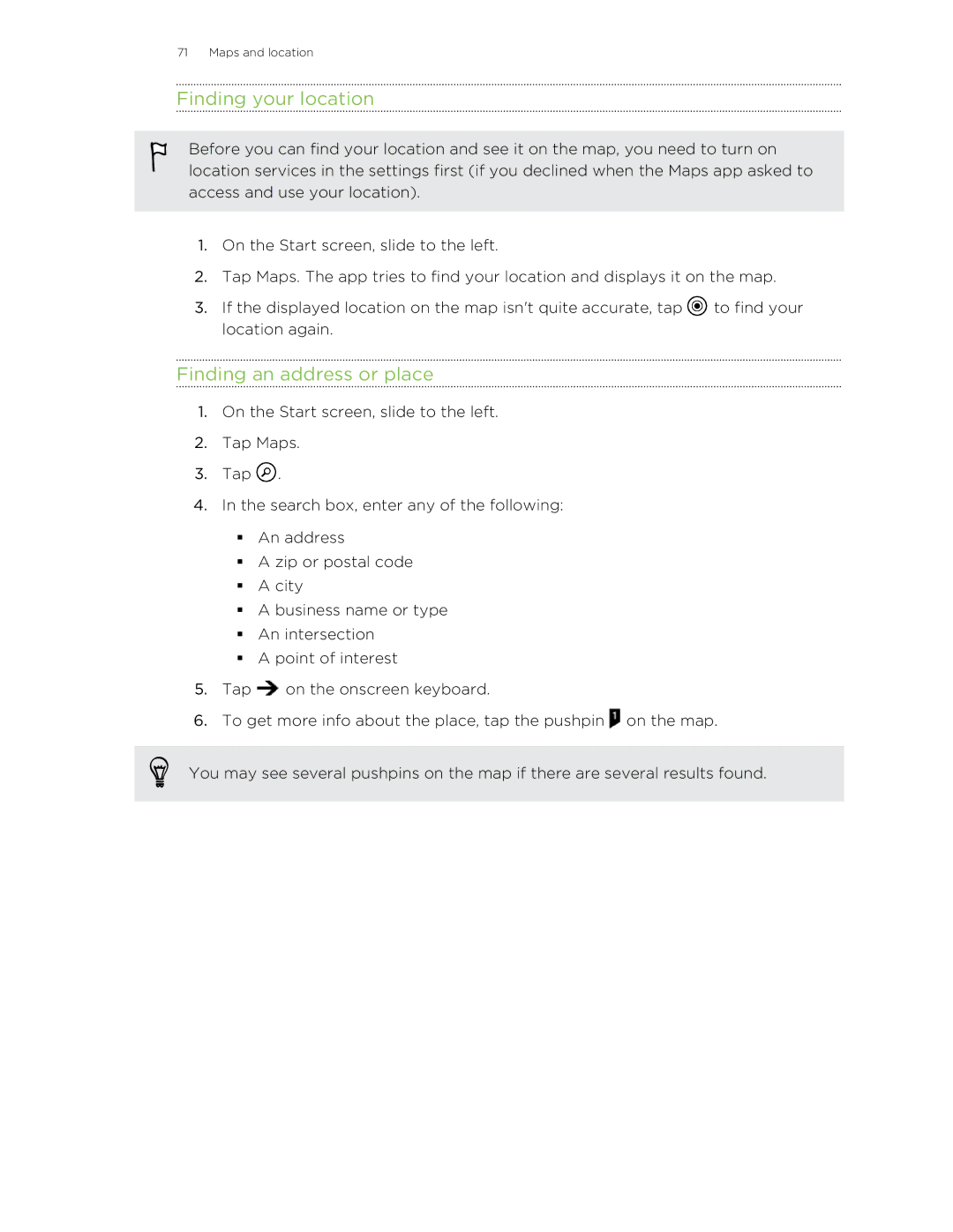 HTC 8S manual Finding your location, Finding an address or place 