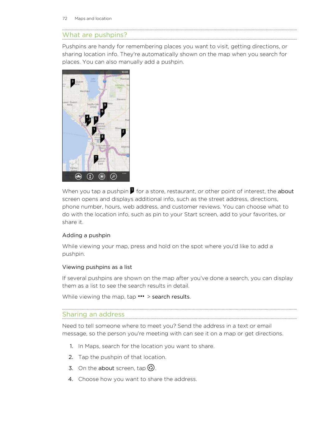 HTC 8S manual What are pushpins?, Sharing an address 