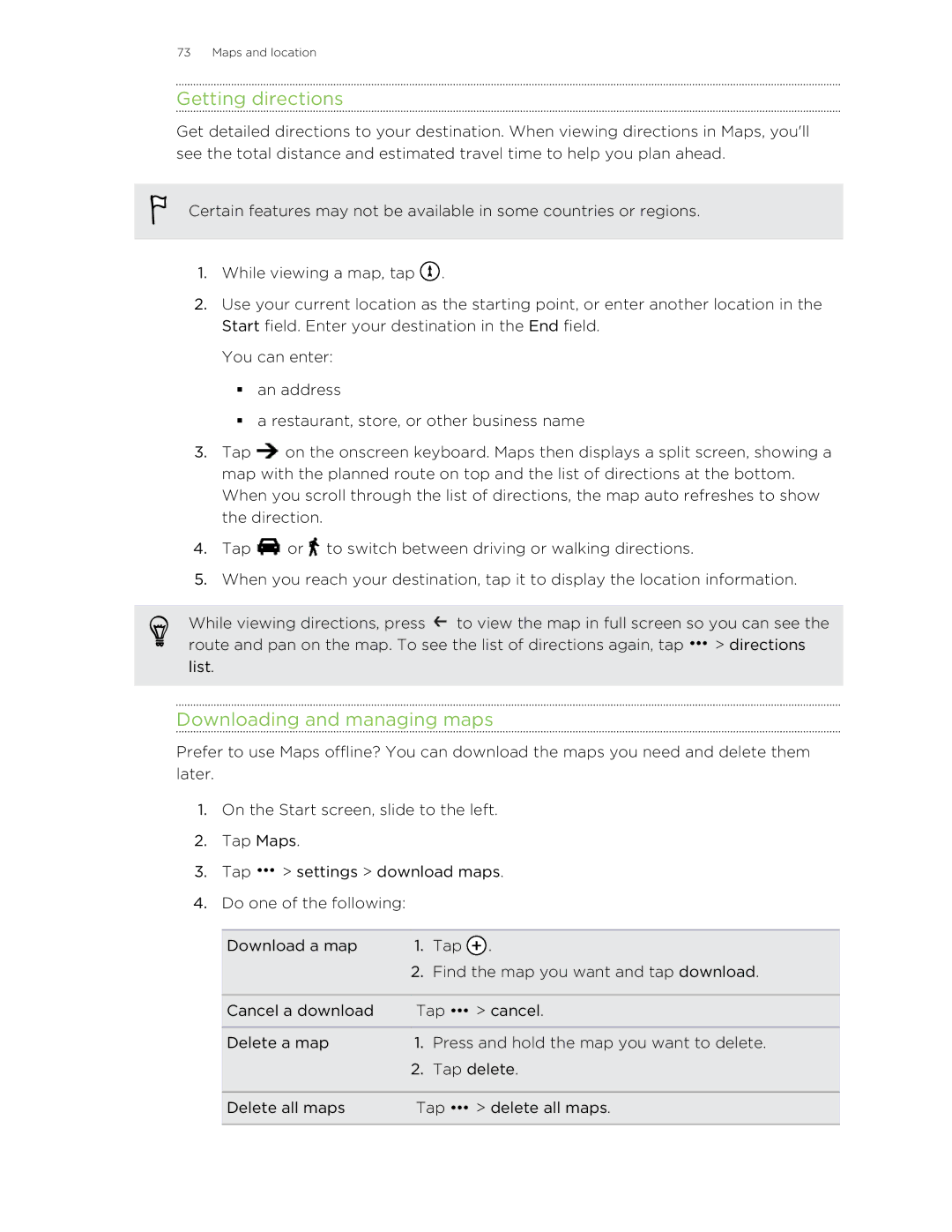 HTC 8S manual Getting directions, Downloading and managing maps 