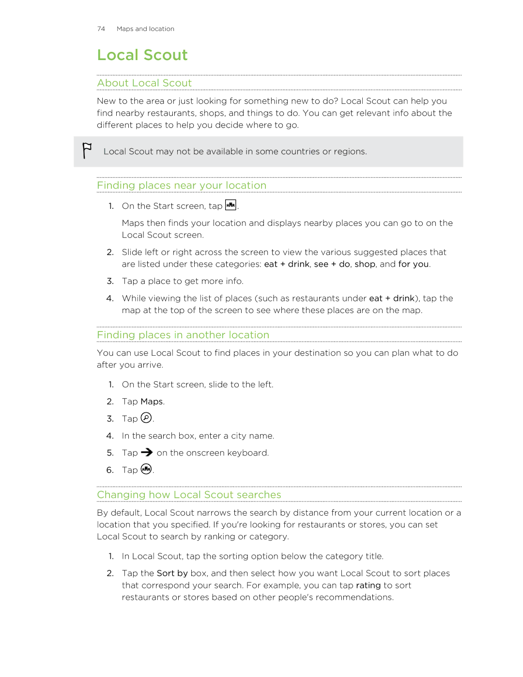 HTC 8S manual About Local Scout, Finding places near your location, Finding places in another location 