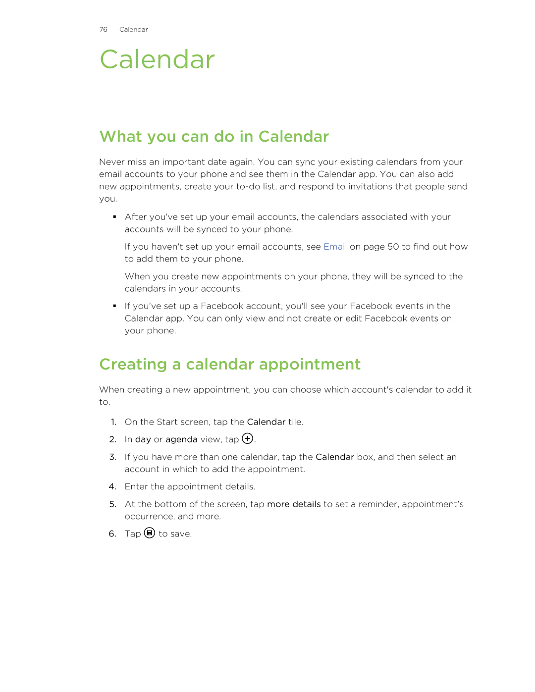 HTC 8S manual What you can do in Calendar, Creating a calendar appointment 