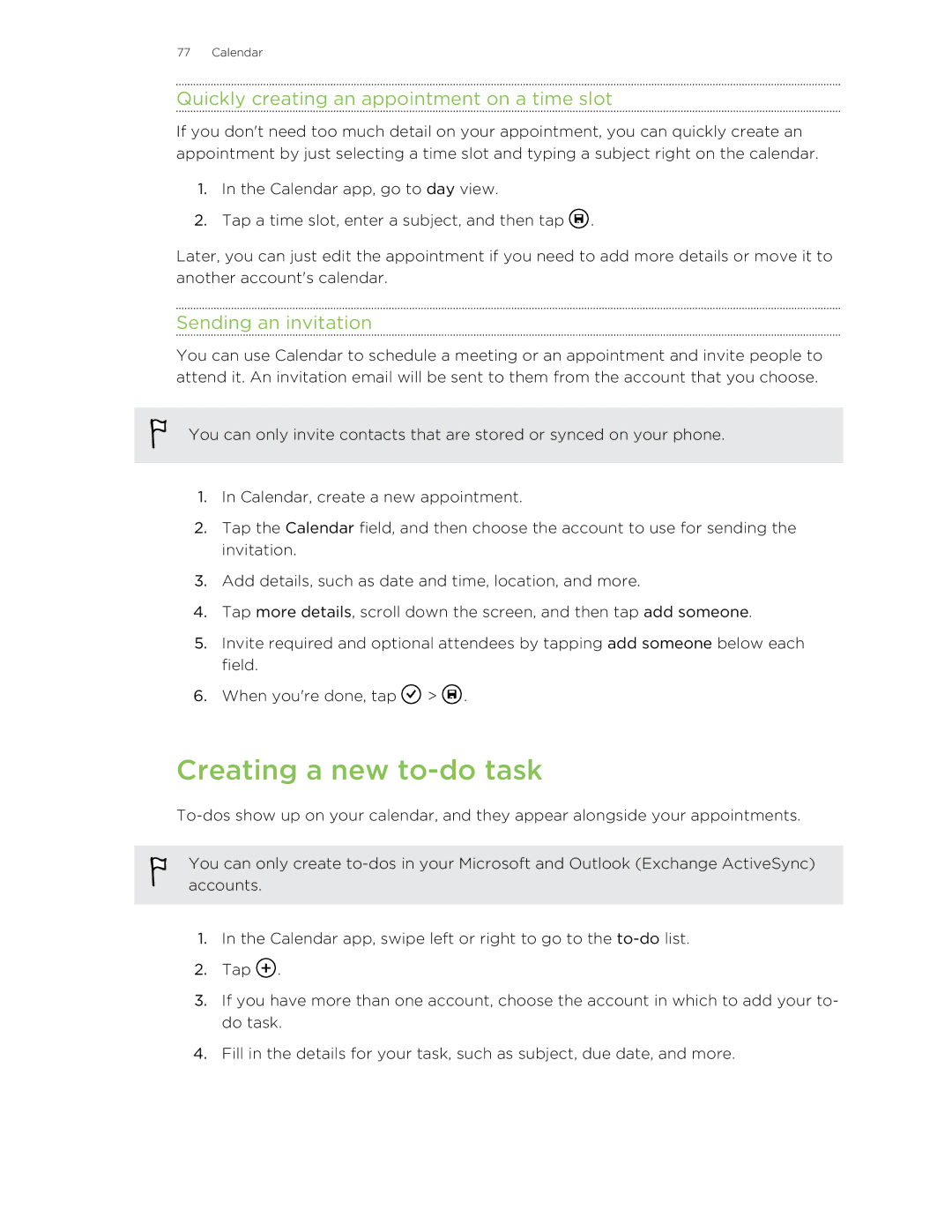 HTC 8S manual Creating a new to-do task, Quickly creating an appointment on a time slot, Sending an invitation 