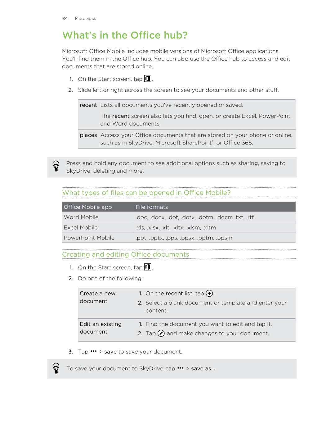 HTC 8S manual Whats in the Office hub?, What types of files can be opened in Office Mobile? 