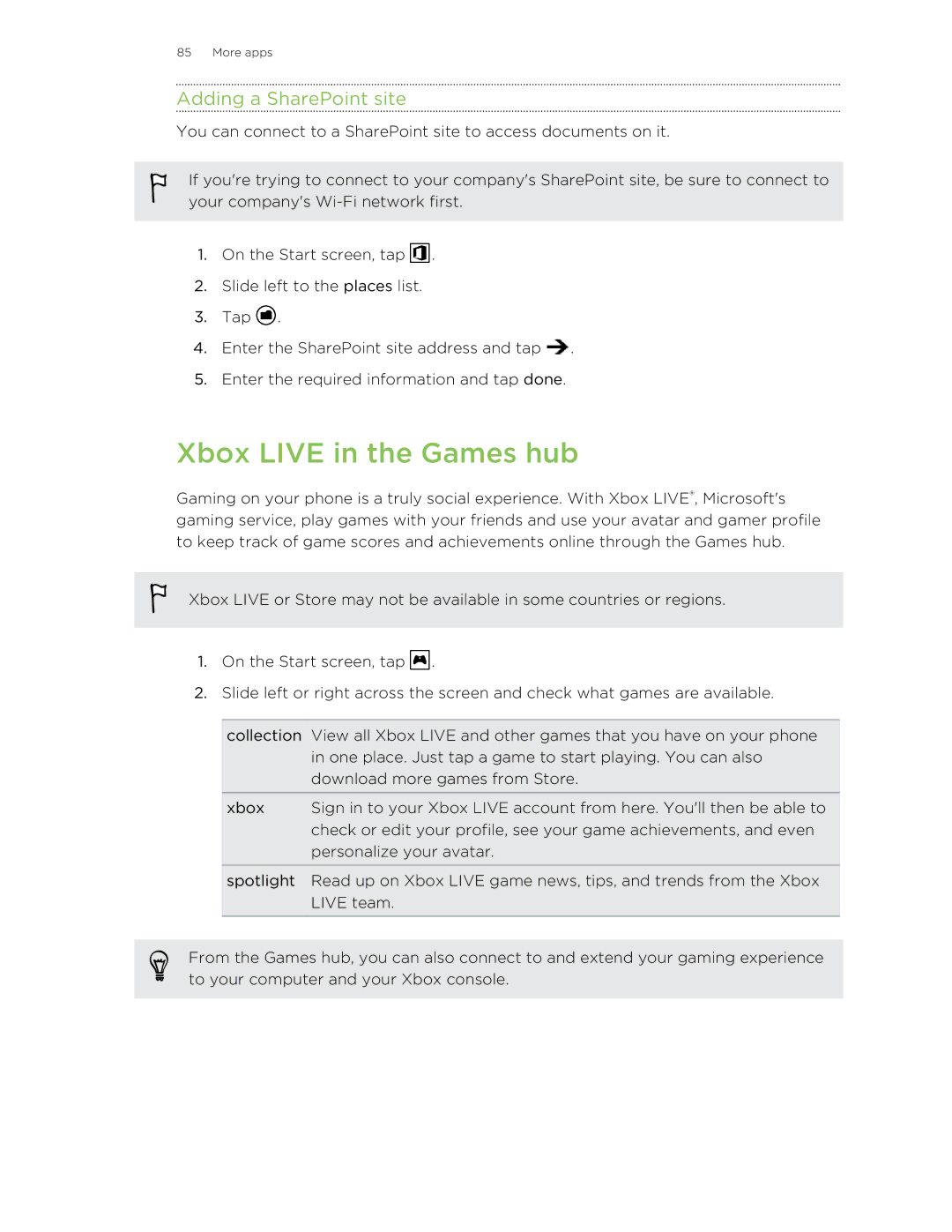 HTC 8S manual Xbox Live in the Games hub, Adding a SharePoint site 