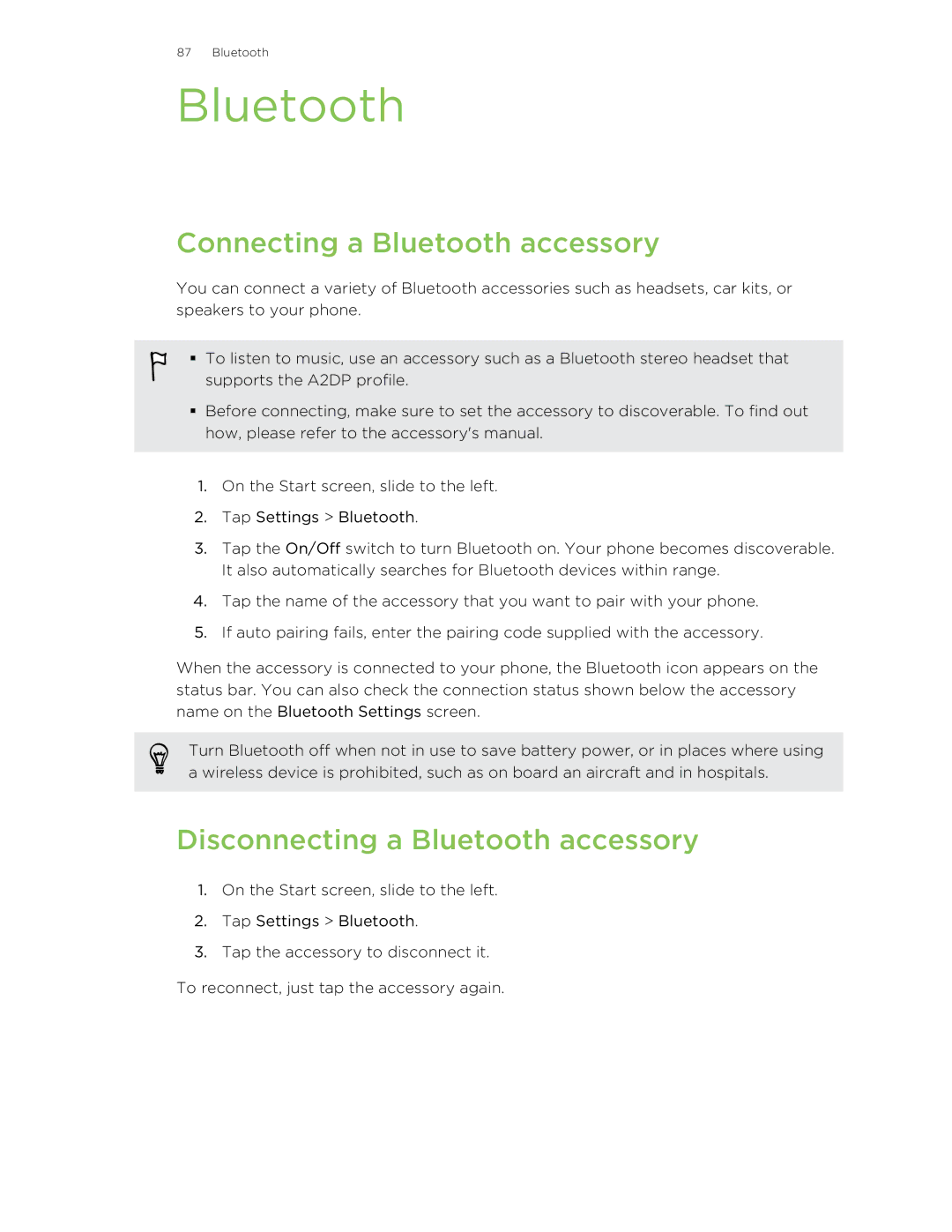 HTC 8S manual Connecting a Bluetooth accessory, Disconnecting a Bluetooth accessory 