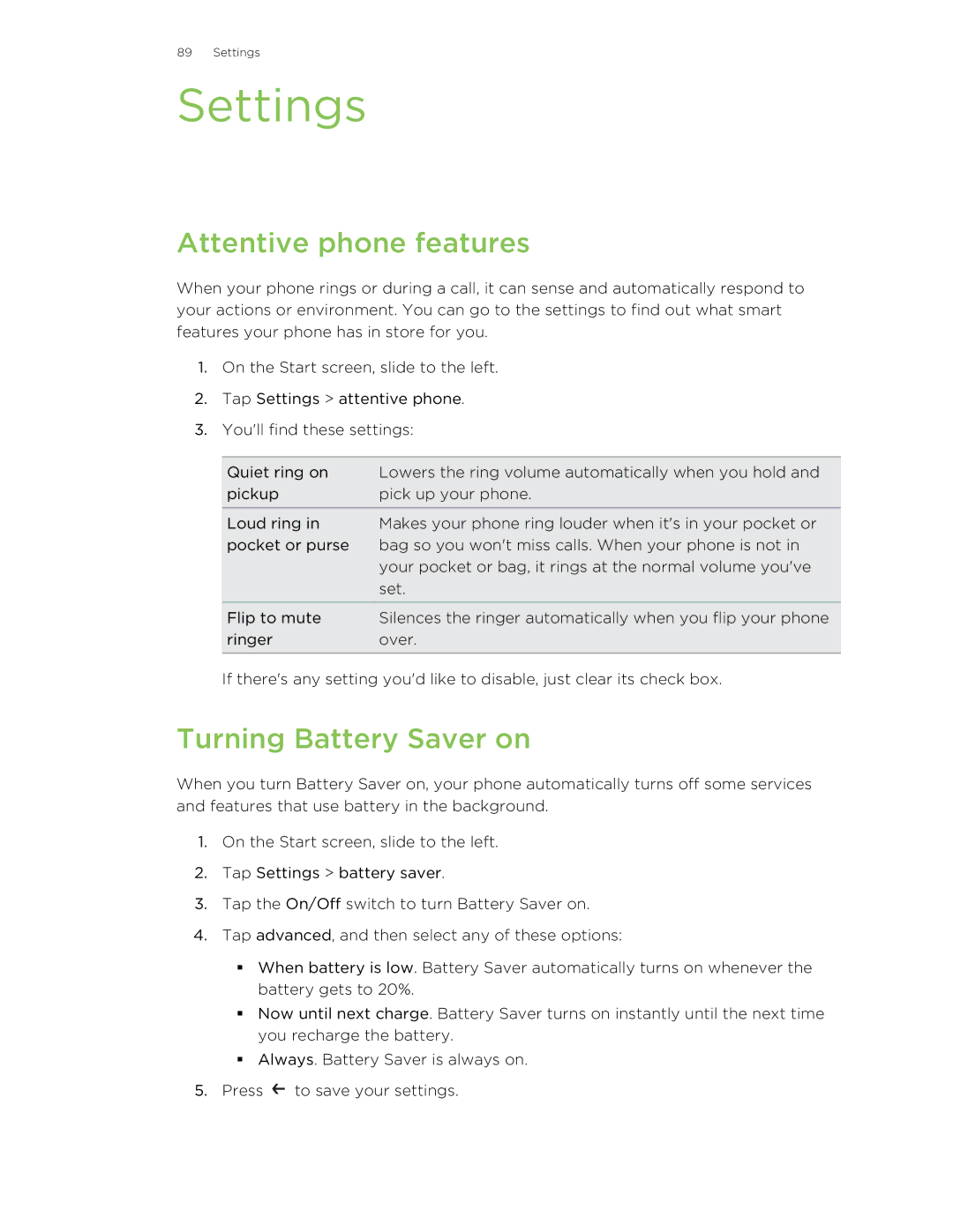 HTC 8S manual Settings, Attentive phone features, Turning Battery Saver on 