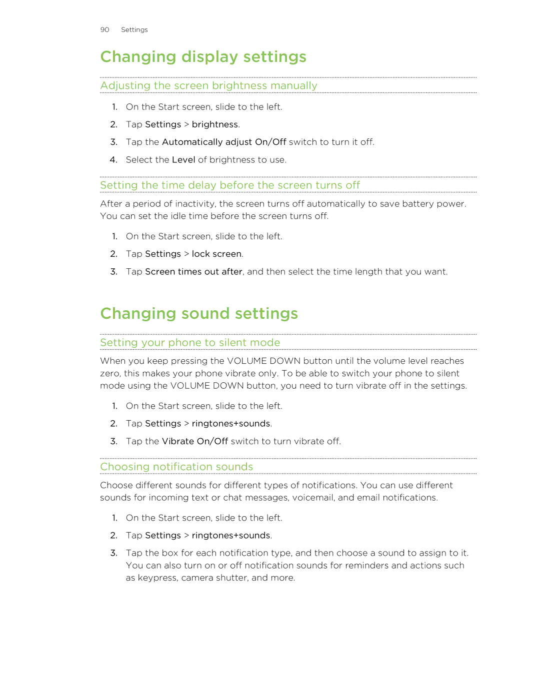 HTC 8S manual Changing display settings, Changing sound settings 