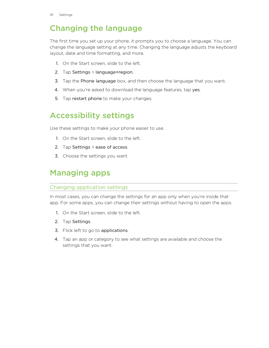 HTC 8S manual Changing the language, Accessibility settings, Managing apps, Changing application settings 