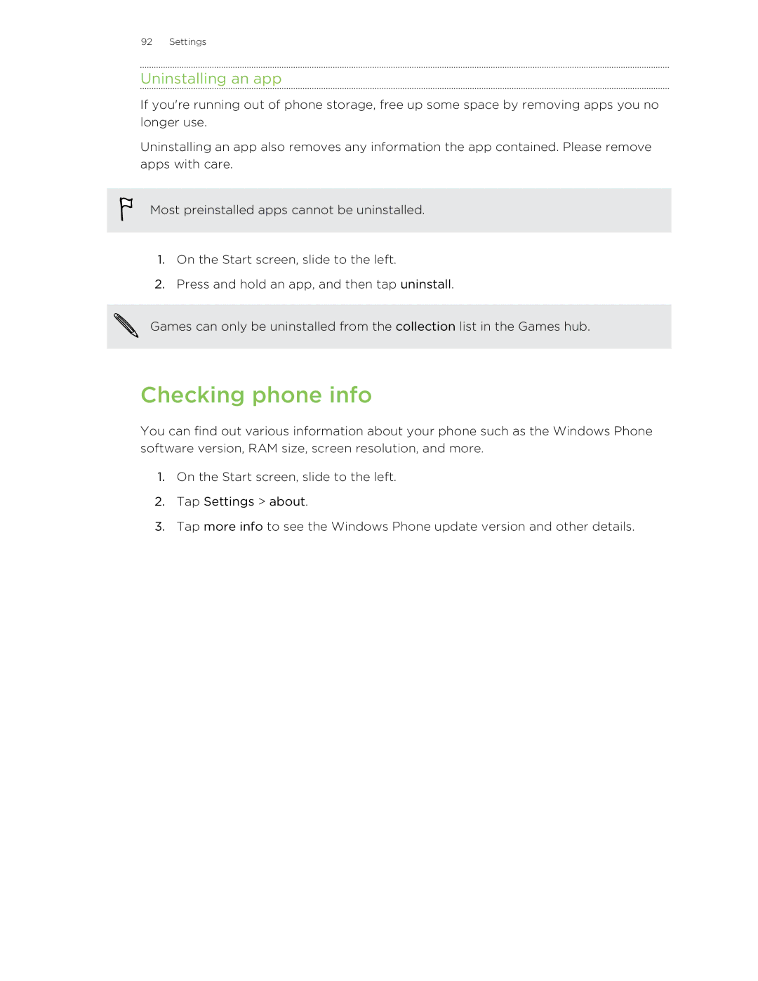 HTC 8S manual Checking phone info, Uninstalling an app 