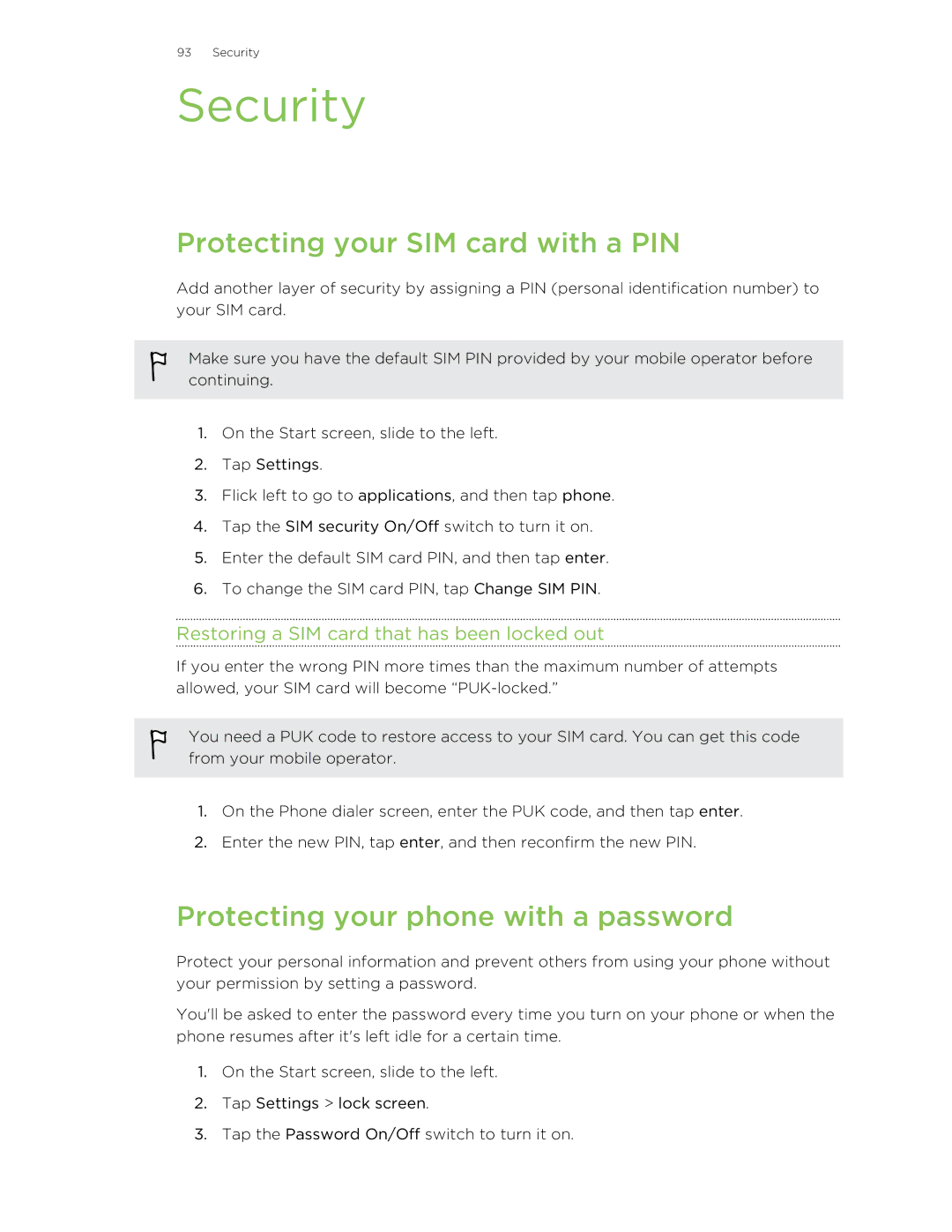 HTC 8S manual Security, Protecting your SIM card with a PIN, Protecting your phone with a password 