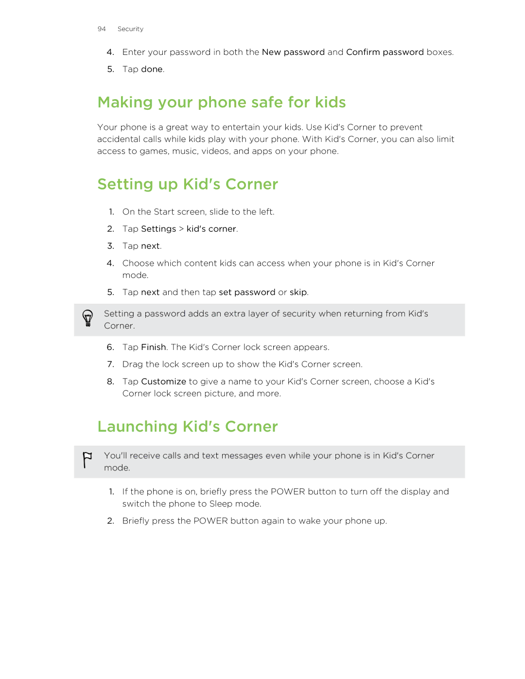 HTC 8S manual Making your phone safe for kids, Setting up Kids Corner, Launching Kids Corner 